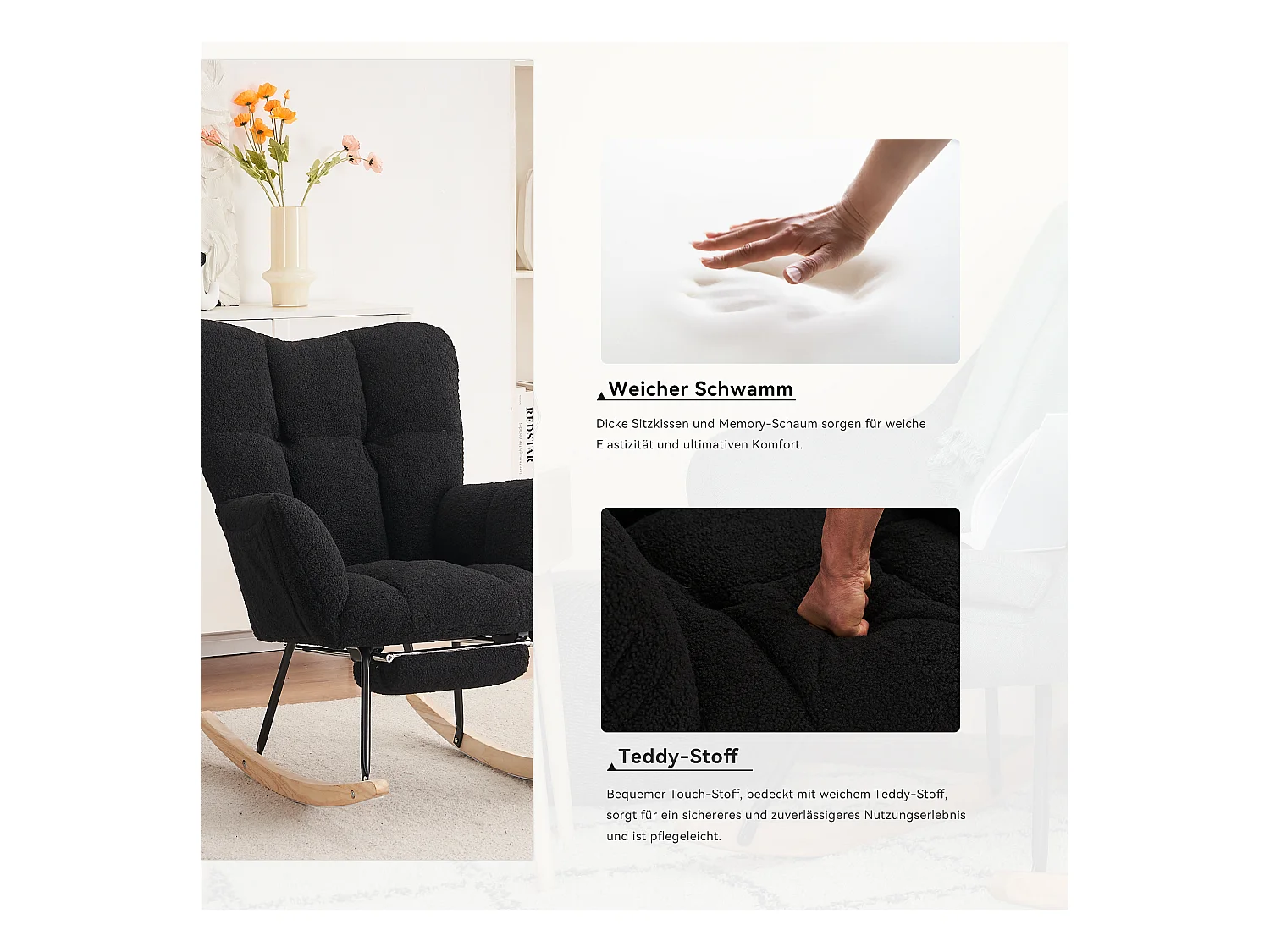 Fauteuil à bascule moderne avec revêtement en taffetas Teddy et repose-pieds extensible