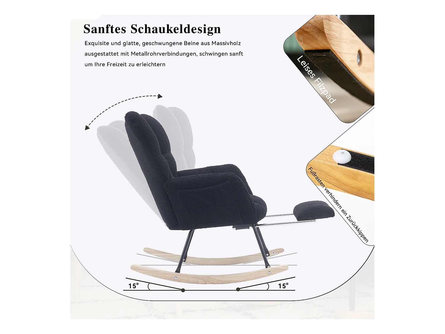 Fauteuil à bascule moderne avec revêtement en taffetas Teddy et repose-pieds extensible