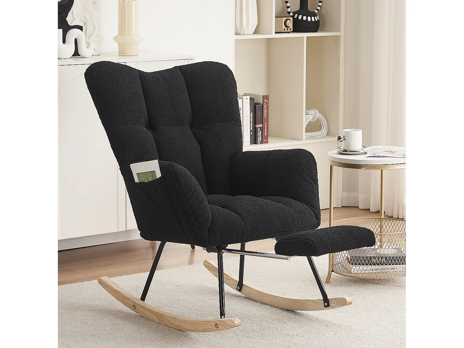 Fauteuil à bascule moderne avec revêtement en taffetas Teddy et repose-pieds extensible