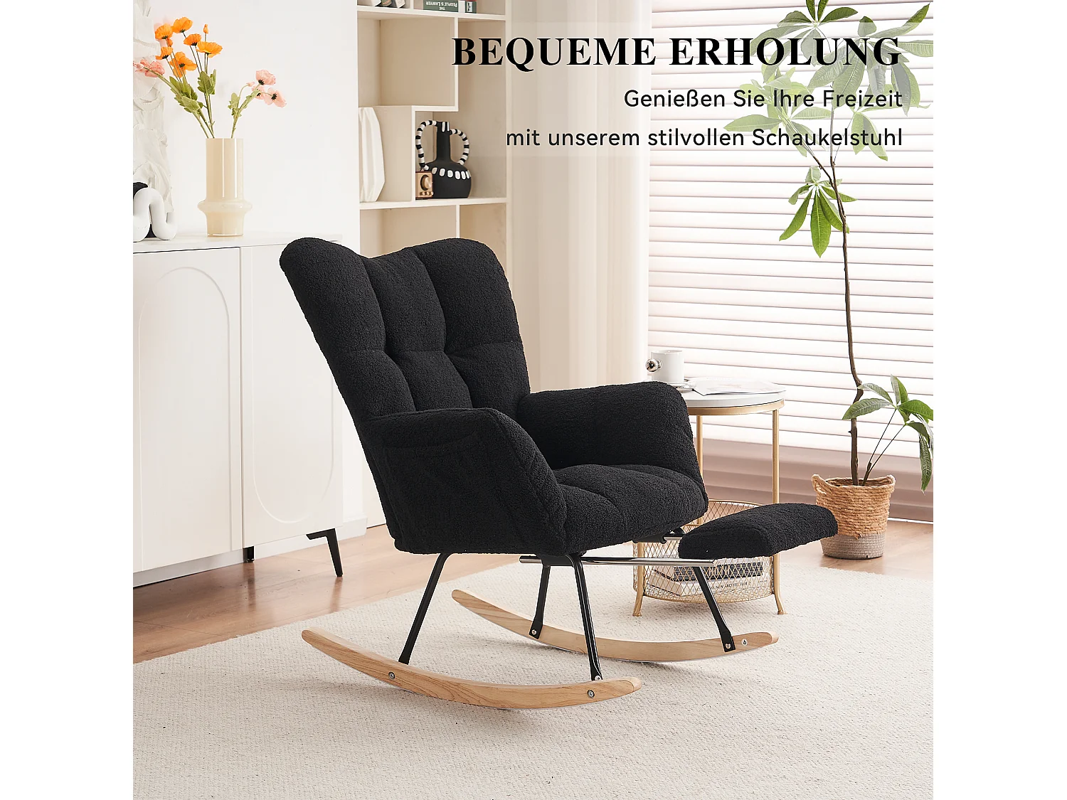 Fauteuil à bascule moderne avec revêtement en taffetas Teddy et repose-pieds extensible