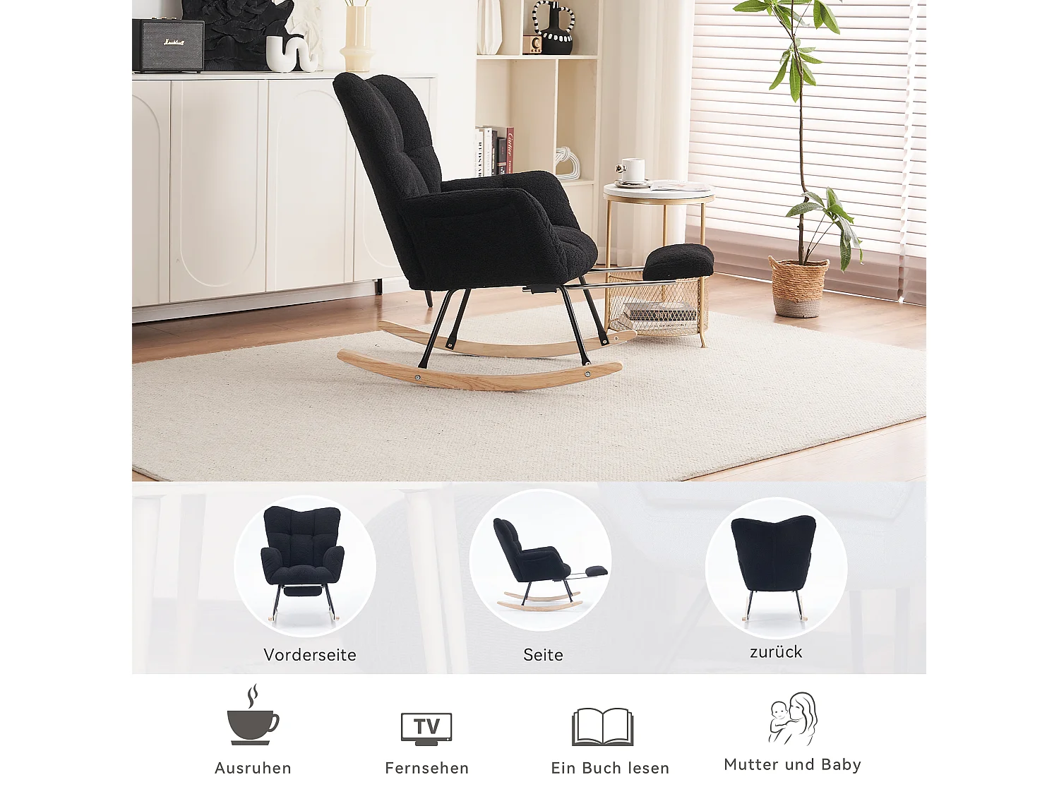 Fauteuil à bascule moderne avec revêtement en taffetas Teddy et repose-pieds extensible