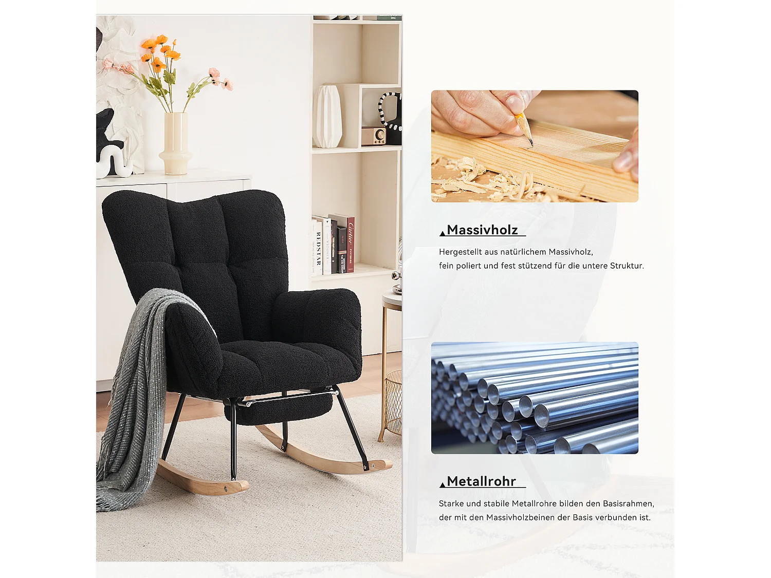 Fauteuil à bascule moderne avec revêtement en taffetas Teddy et repose-pieds extensible