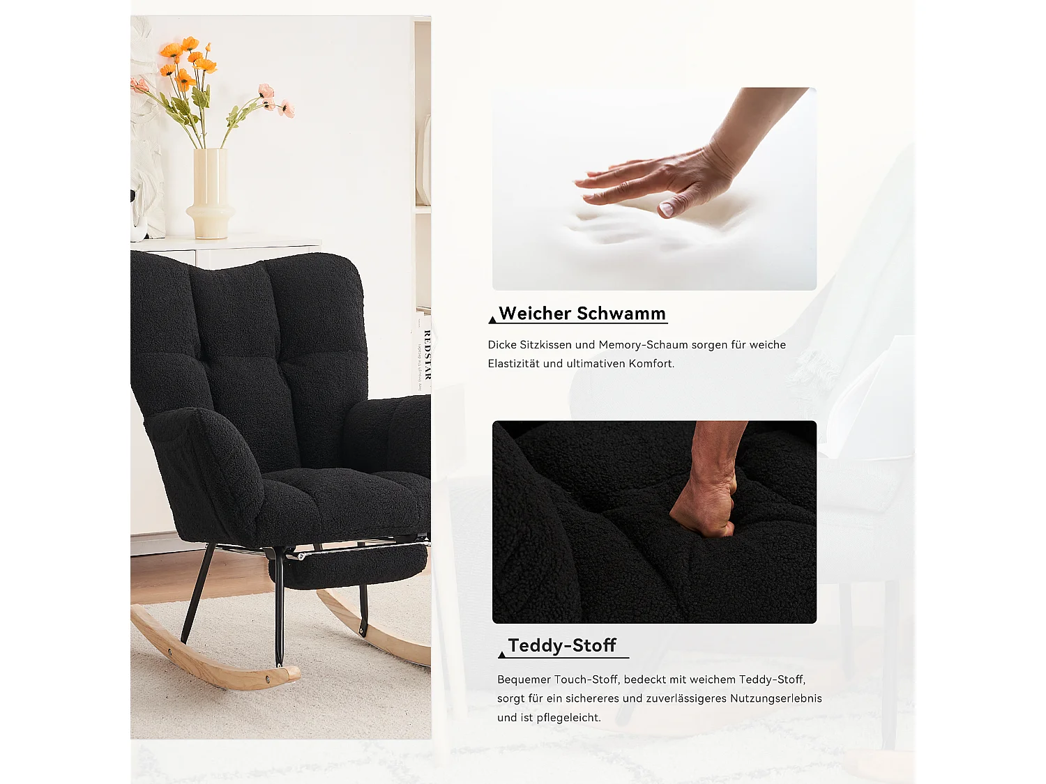 Fauteuil à bascule moderne avec revêtement en taffetas Teddy et repose-pieds extensible