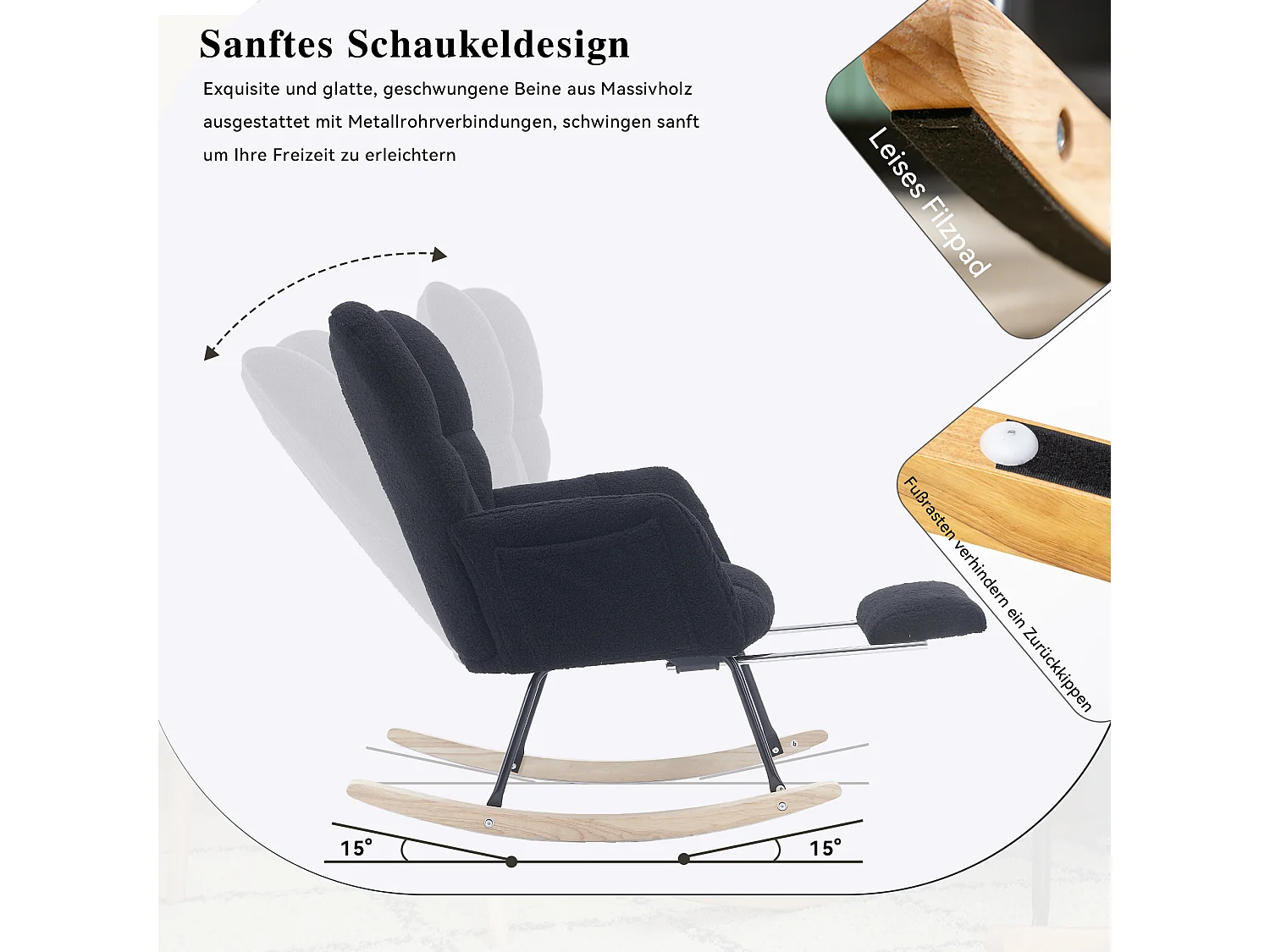 Fauteuil à bascule moderne avec revêtement en taffetas Teddy et repose-pieds extensible