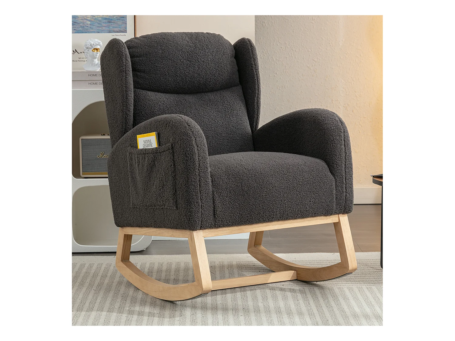 Fauteuil à bascule avec revêtement en tissu Teddy,fauteuil à oreilles,assise rembourrée