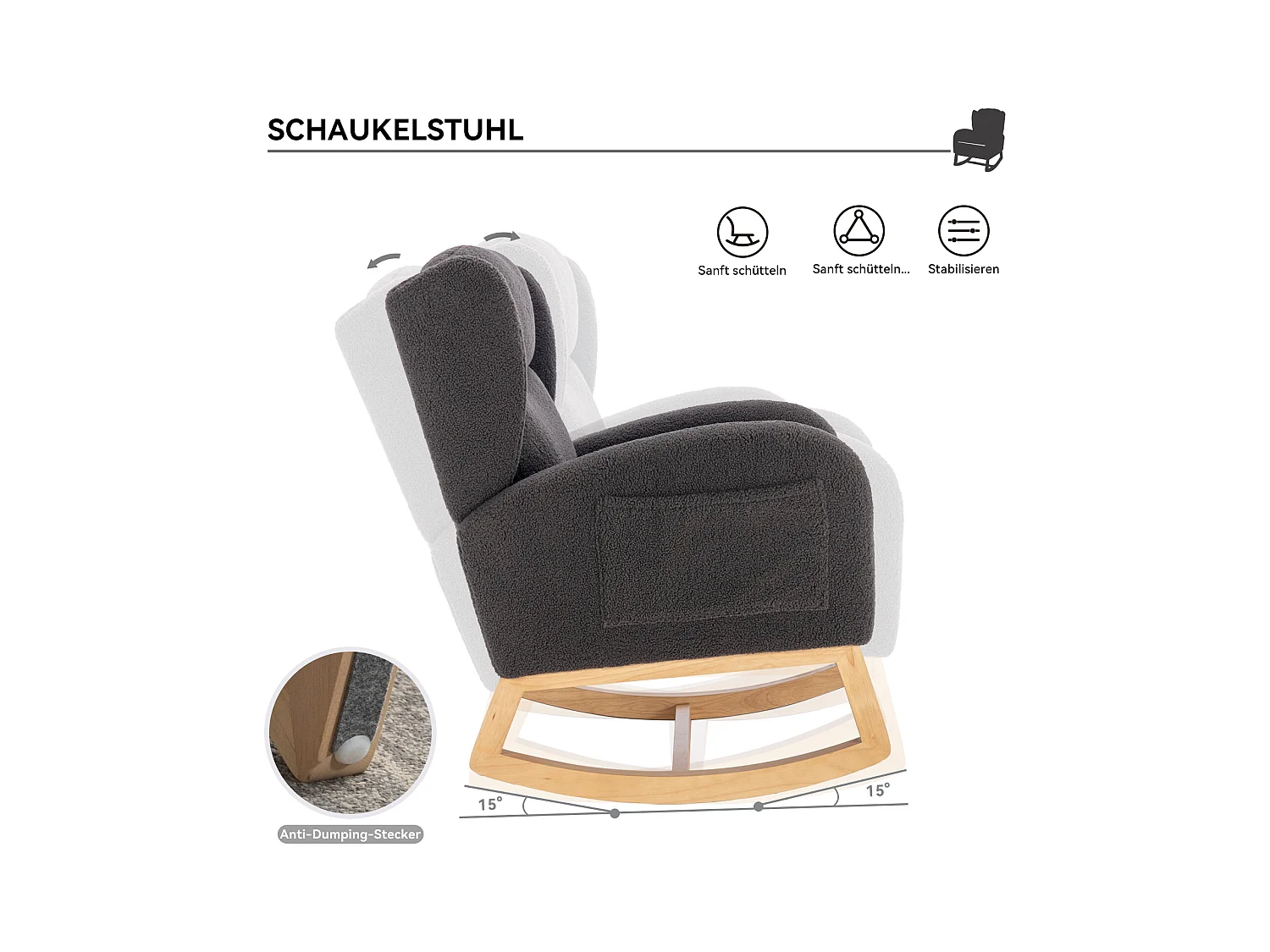 Fauteuil à bascule avec revêtement en tissu Teddy,fauteuil à oreilles,assise rembourrée
