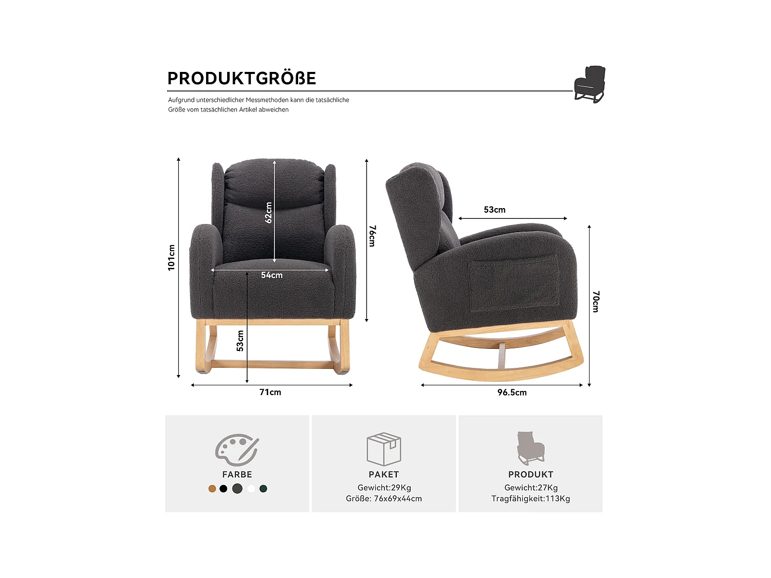 Fauteuil à bascule avec revêtement en tissu Teddy,fauteuil à oreilles,assise rembourrée