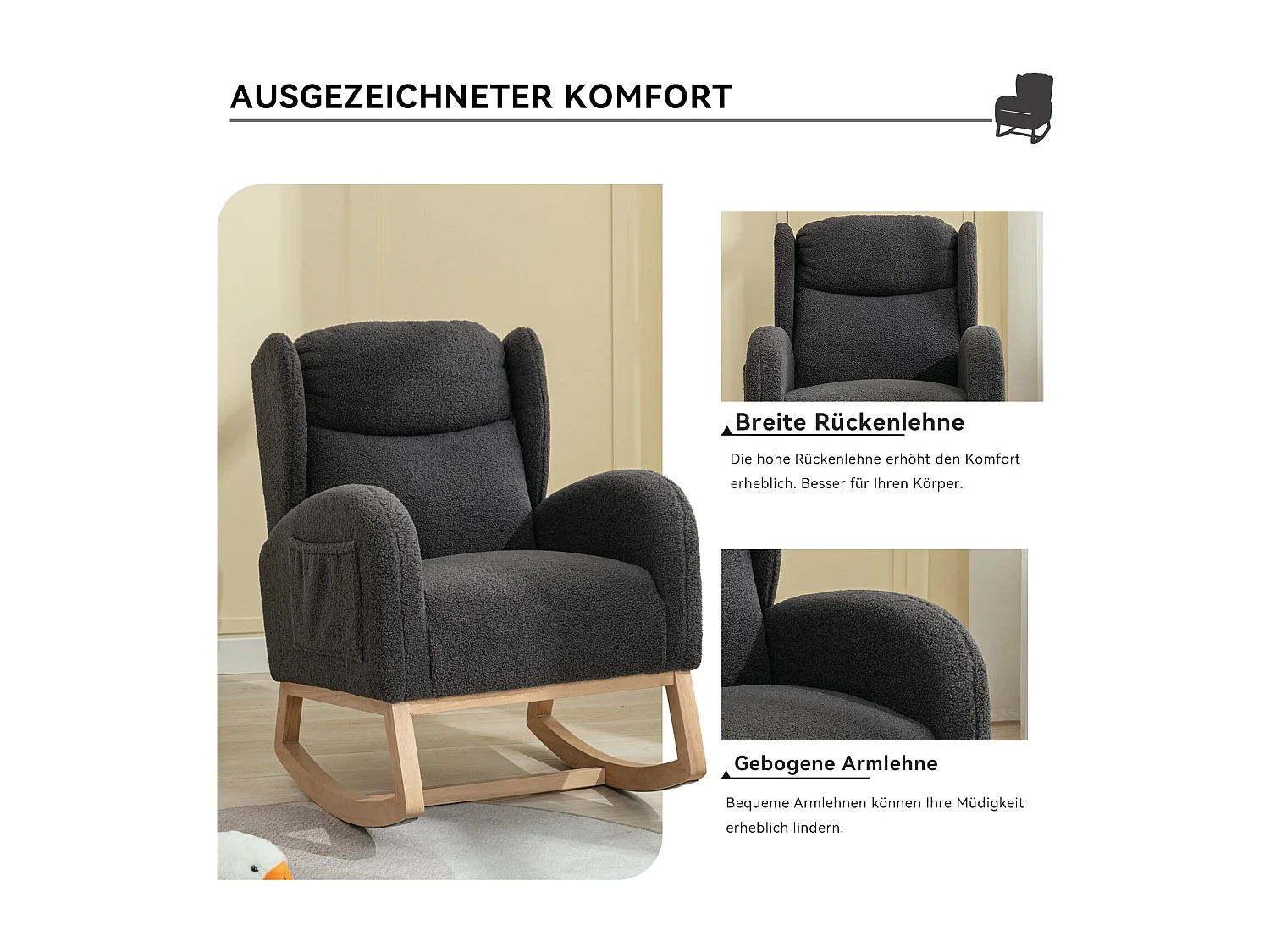 Cadeira de baloiço com estofo em tecido de pelúcia, poltrona com encosto alto, assento almofadado