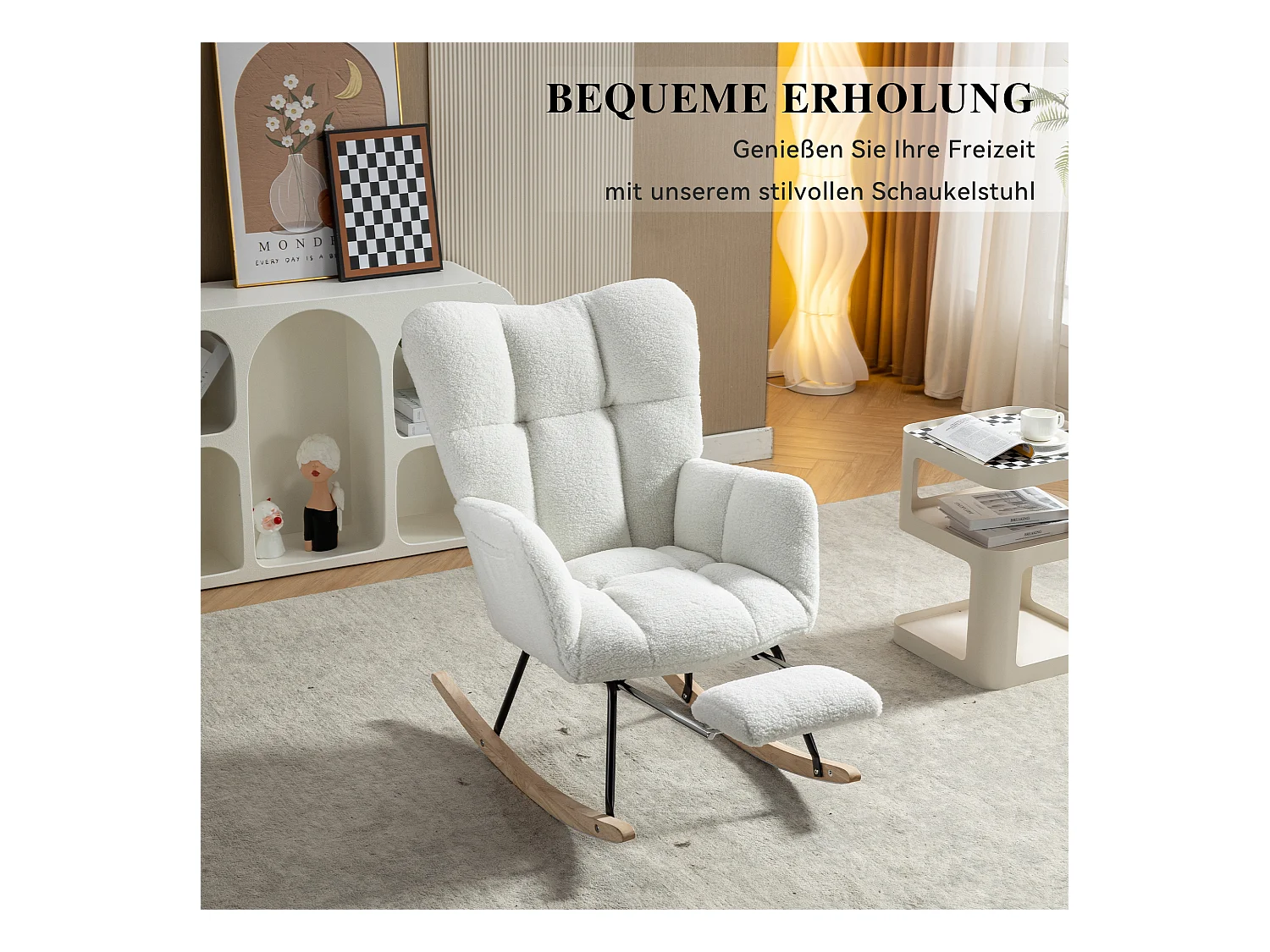 Fauteuil à bascule en tissu Teddy,avec rembourrage capitonné et repose-pieds rembourré