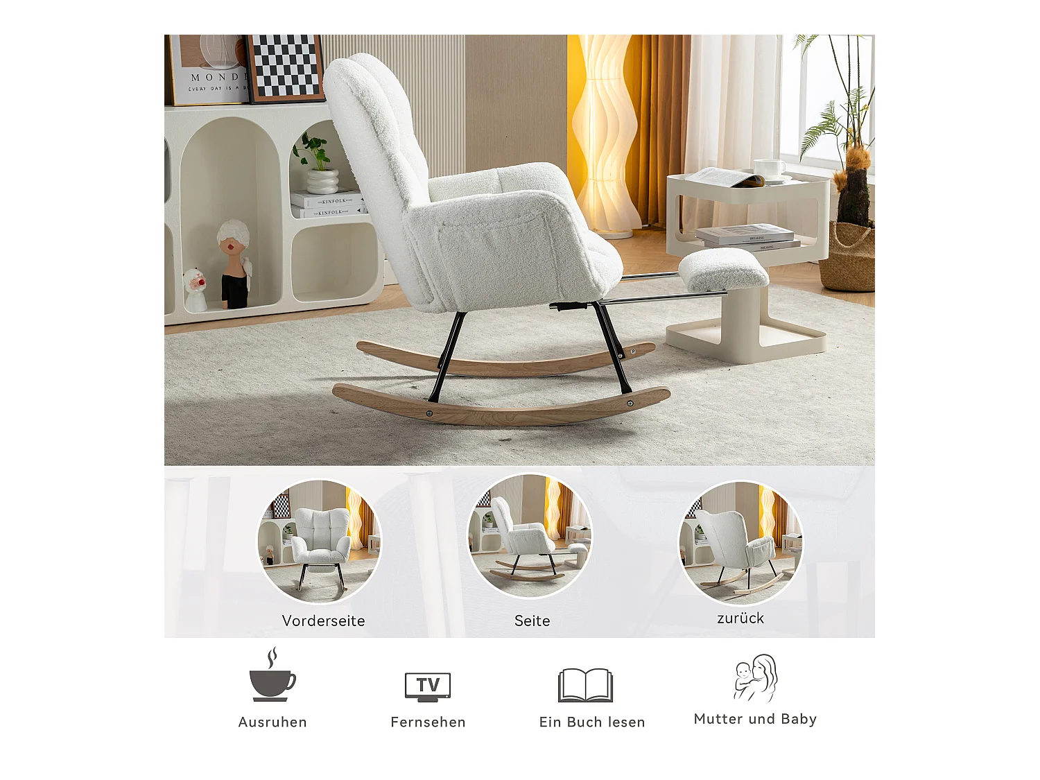 Fauteuil à bascule en tissu Teddy,avec rembourrage capitonné et repose-pieds rembourré