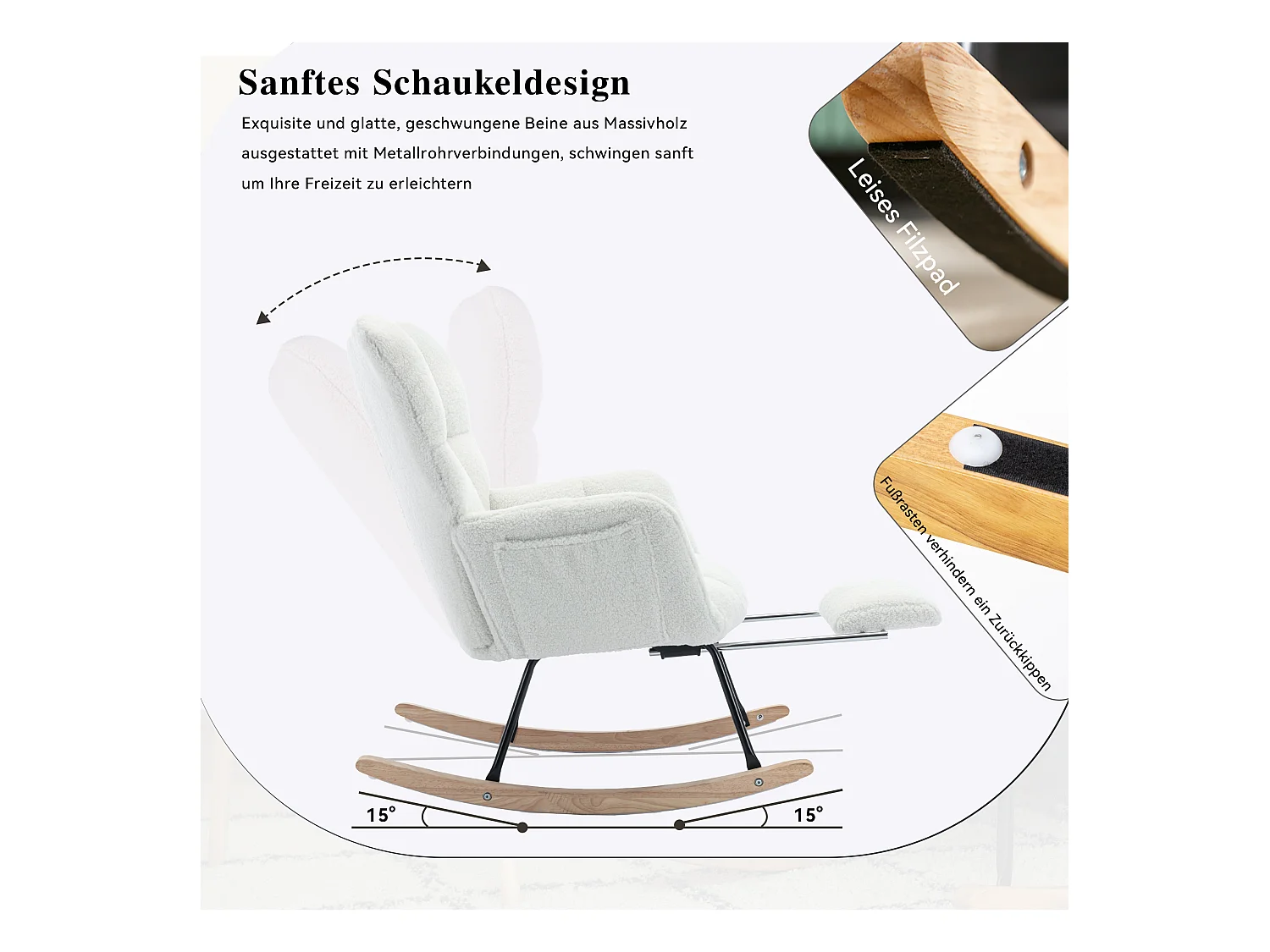 Fauteuil à bascule en tissu Teddy,avec rembourrage capitonné et repose-pieds rembourré