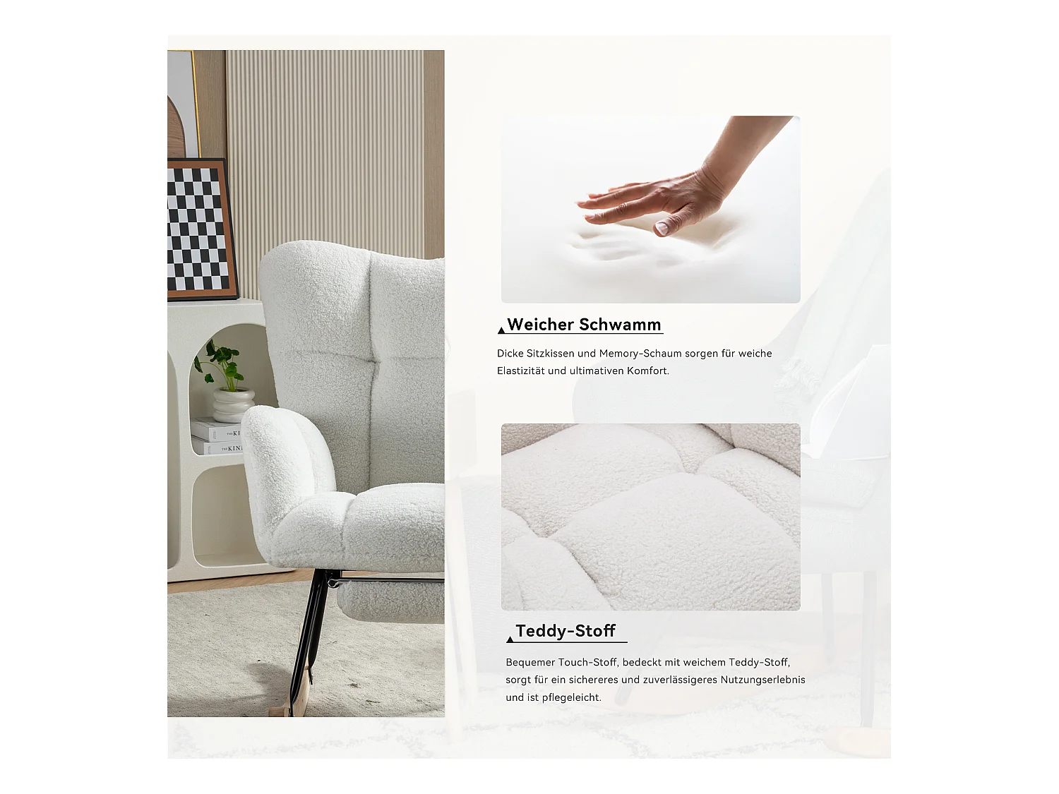 Fauteuil à bascule en tissu Teddy,avec rembourrage capitonné et repose-pieds rembourré