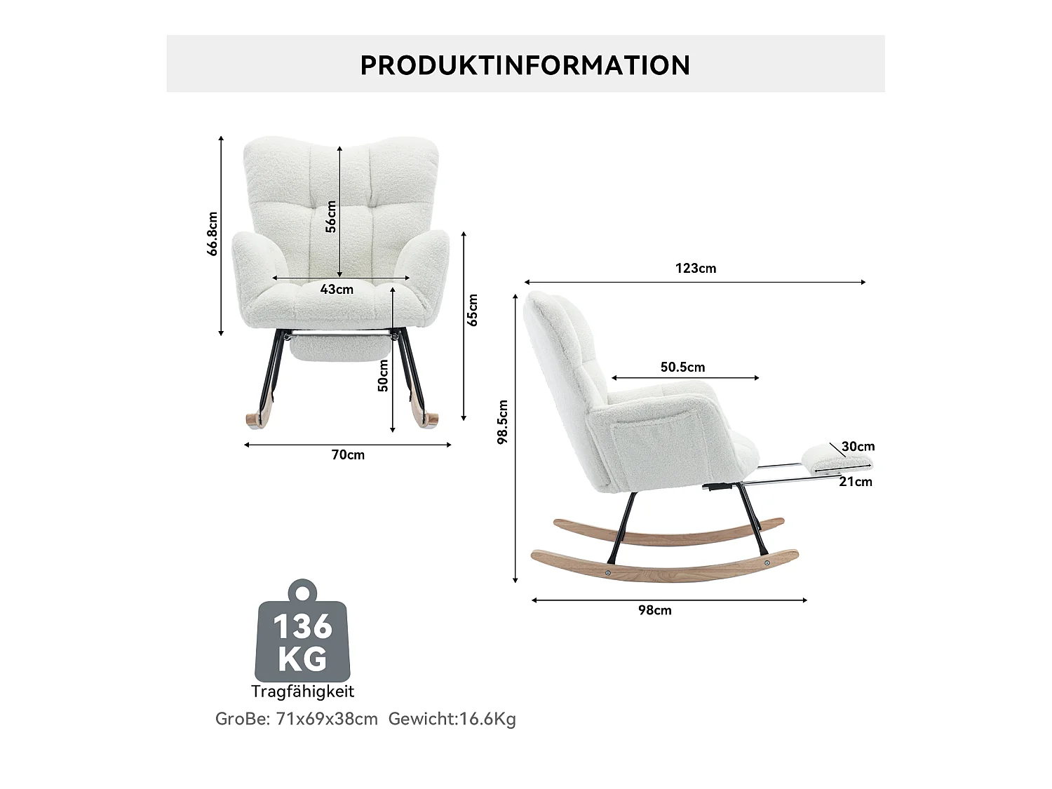 Fauteuil à bascule en tissu Teddy,avec rembourrage capitonné et repose-pieds rembourré