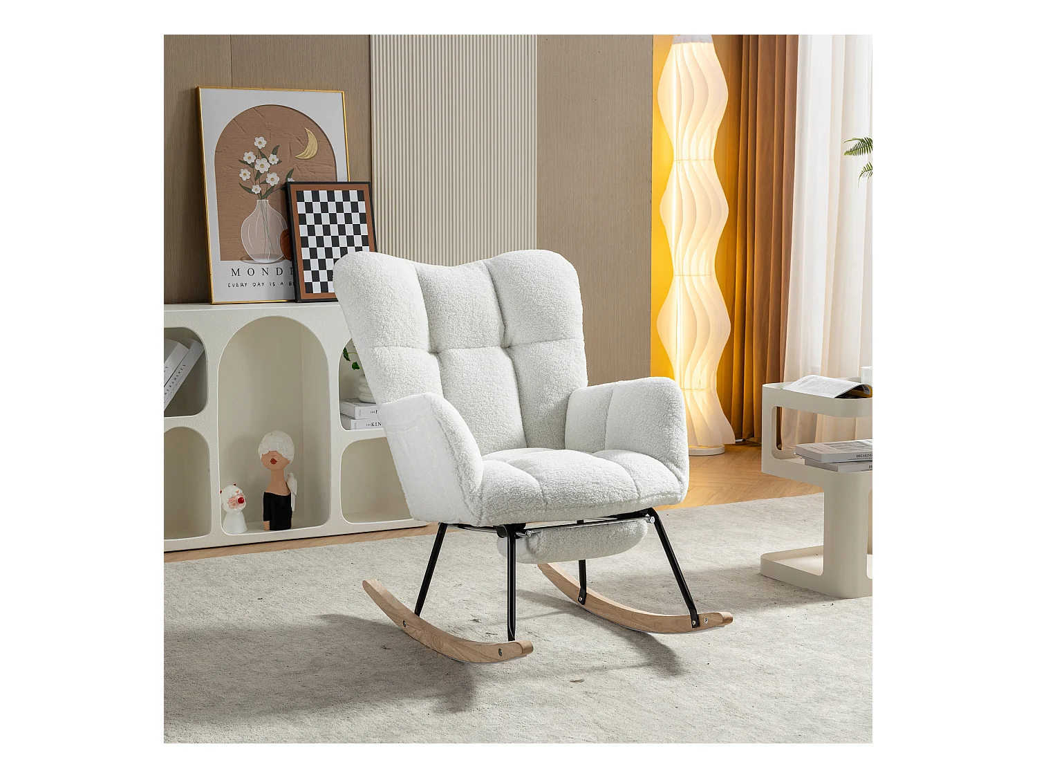 Fauteuil à bascule en tissu Teddy,avec rembourrage capitonné et repose-pieds rembourré