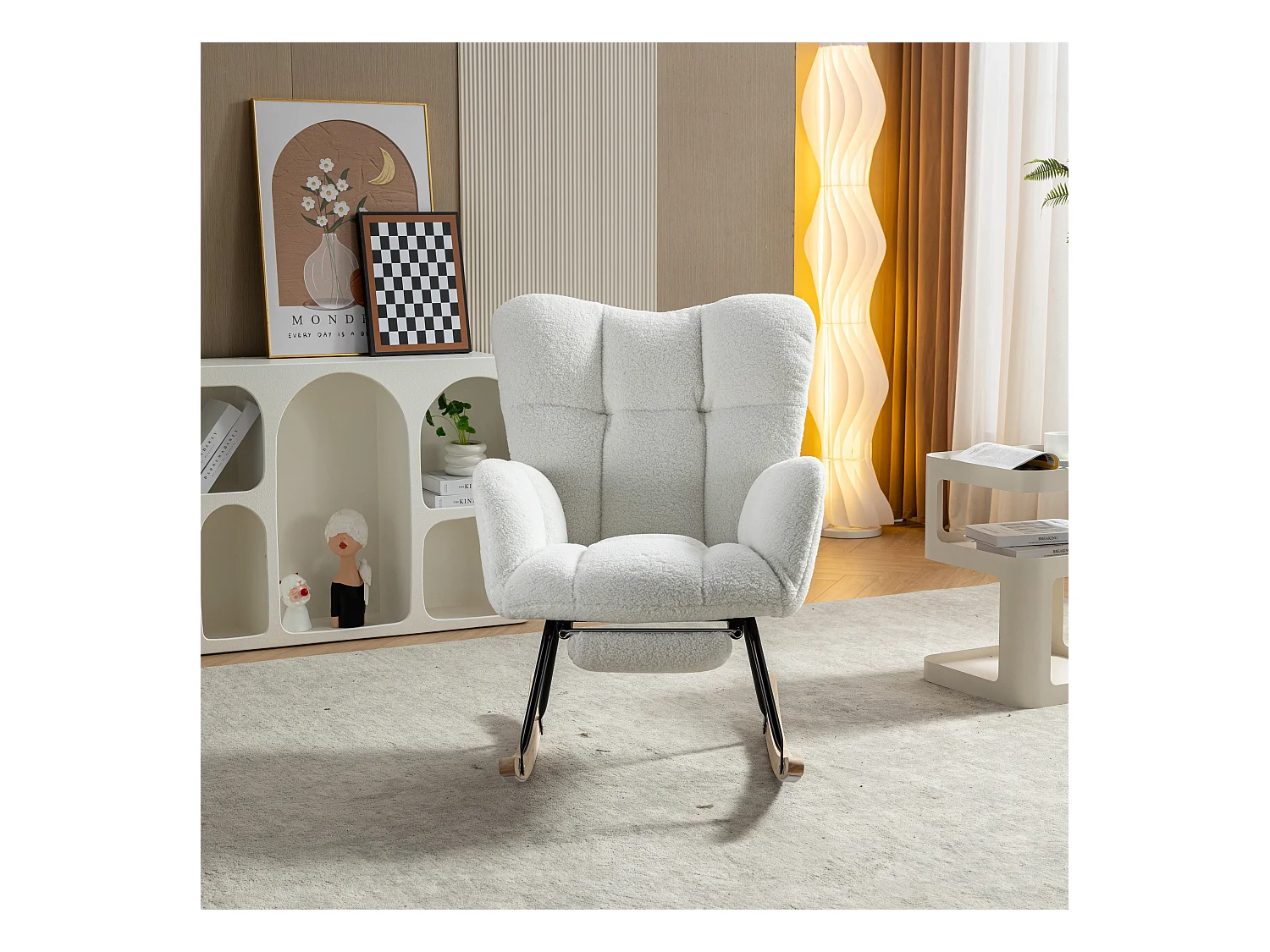 Fauteuil à bascule en tissu Teddy,avec rembourrage capitonné et repose-pieds rembourré