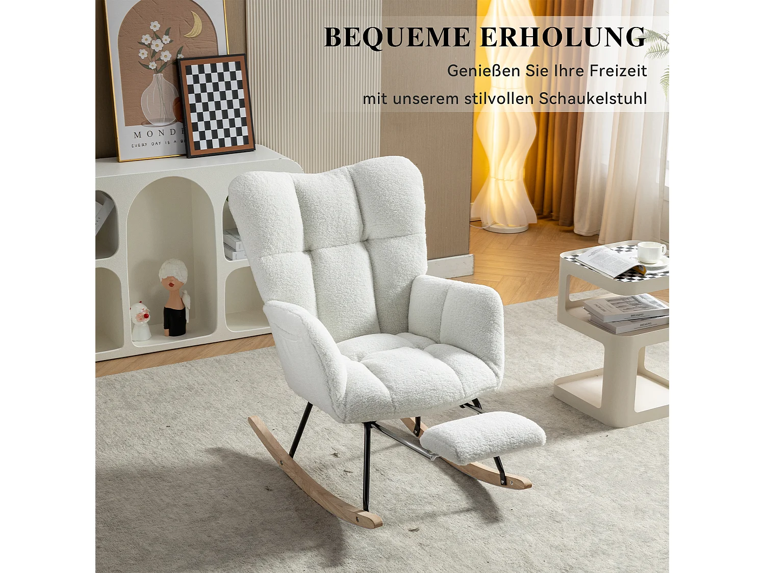 Fauteuil à bascule en tissu Teddy,avec rembourrage capitonné et repose-pieds rembourré
