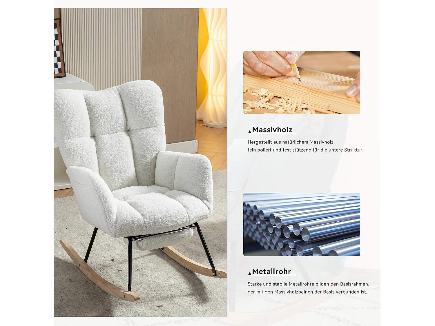 Fauteuil à bascule en tissu Teddy,avec rembourrage capitonné et repose-pieds rembourré