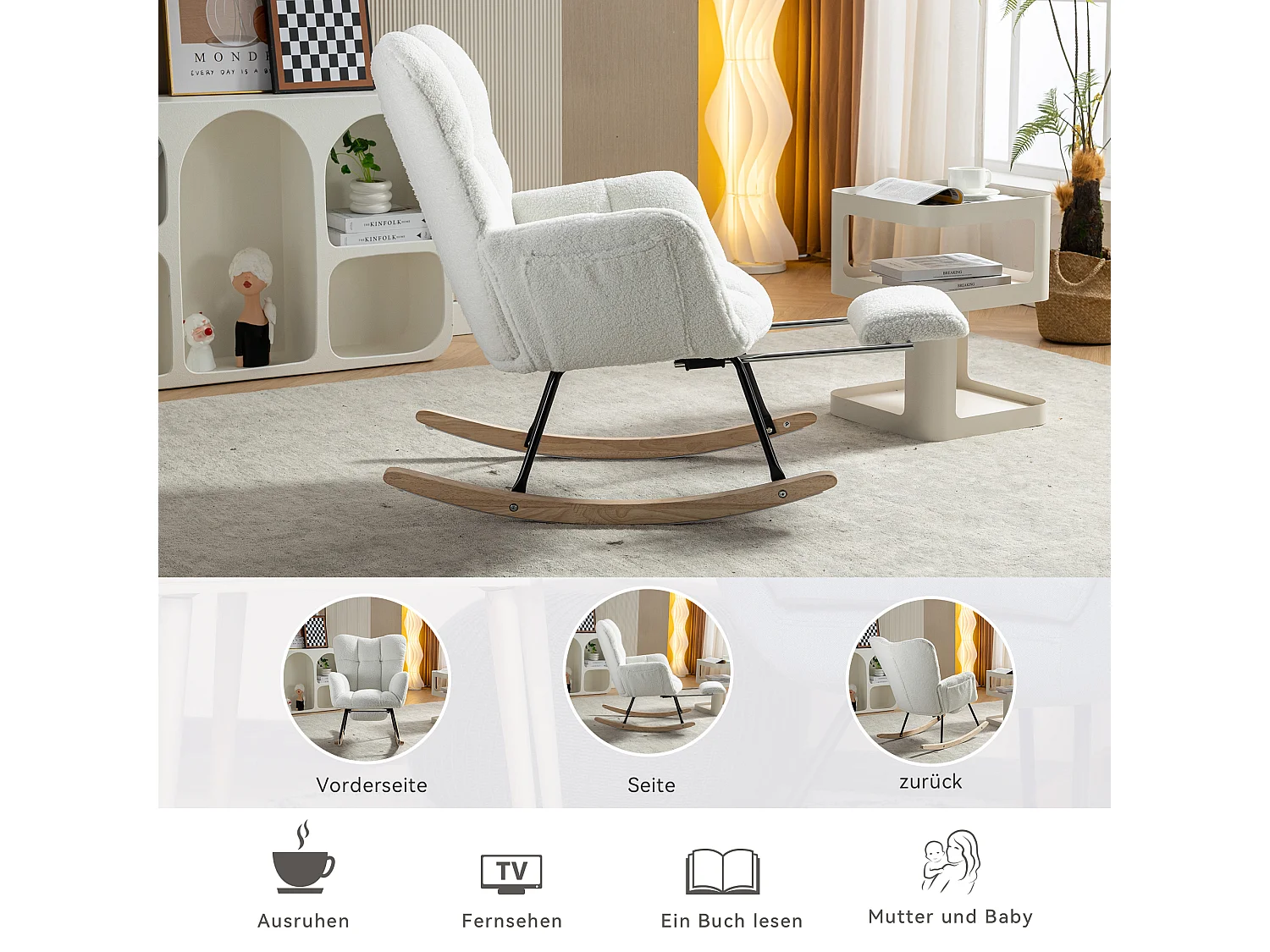 Fauteuil à bascule en tissu Teddy,avec rembourrage capitonné et repose-pieds rembourré