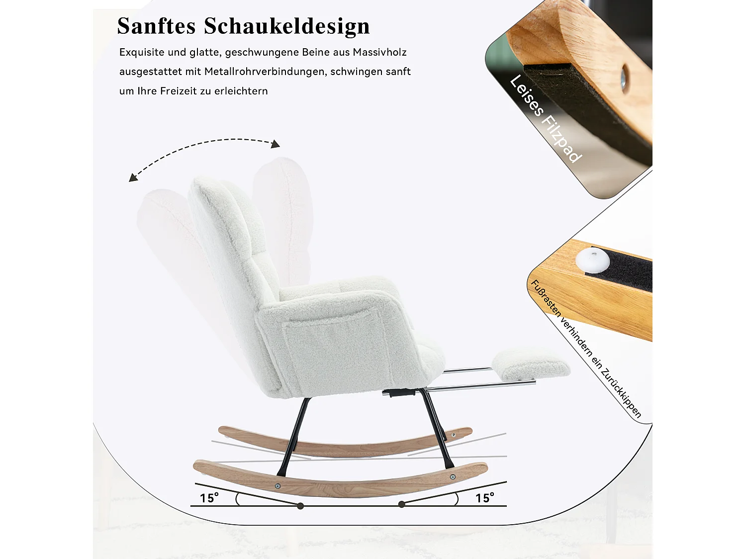 Fauteuil à bascule en tissu Teddy,avec rembourrage capitonné et repose-pieds rembourré