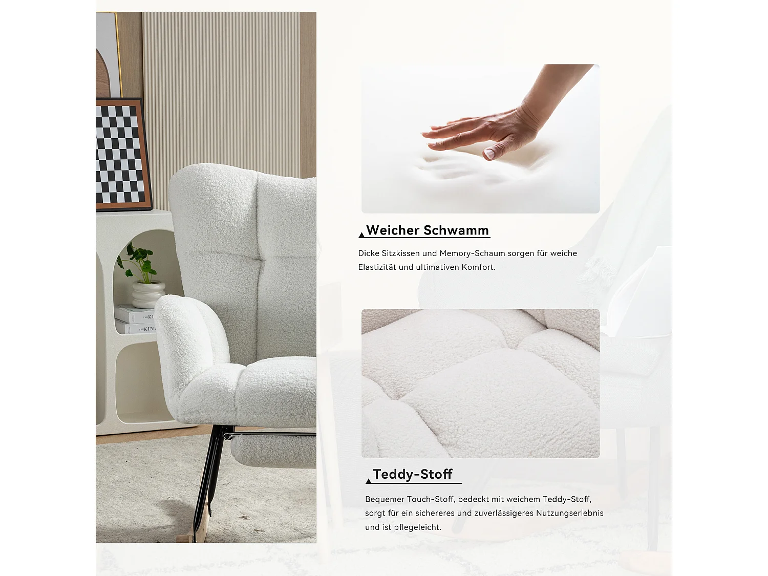 Fauteuil à bascule en tissu Teddy,avec rembourrage capitonné et repose-pieds rembourré