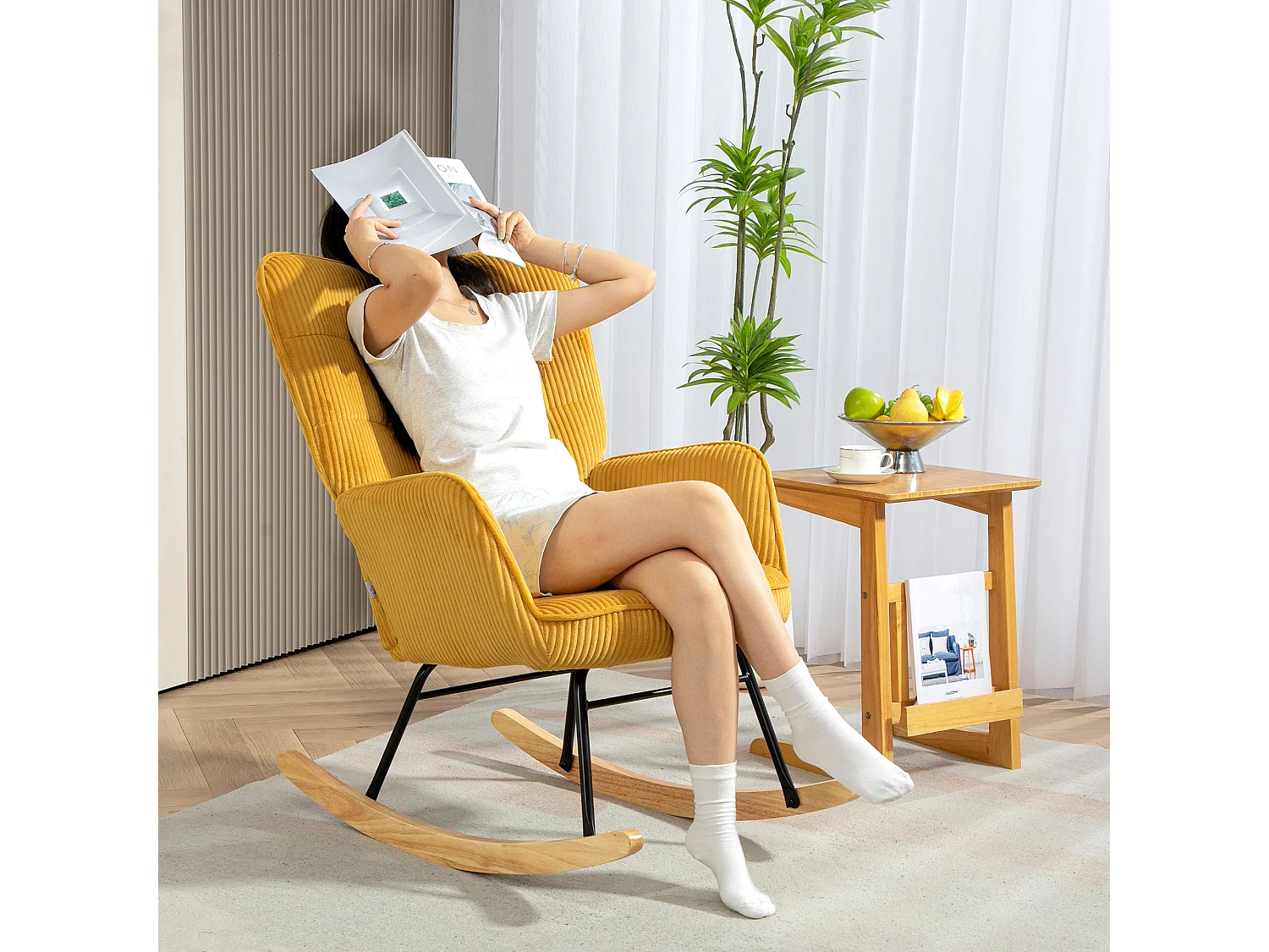 Fauteuil à bascule aspect polaire berbère,accoudoirs,patins en bois,fauteuil relax,jaune