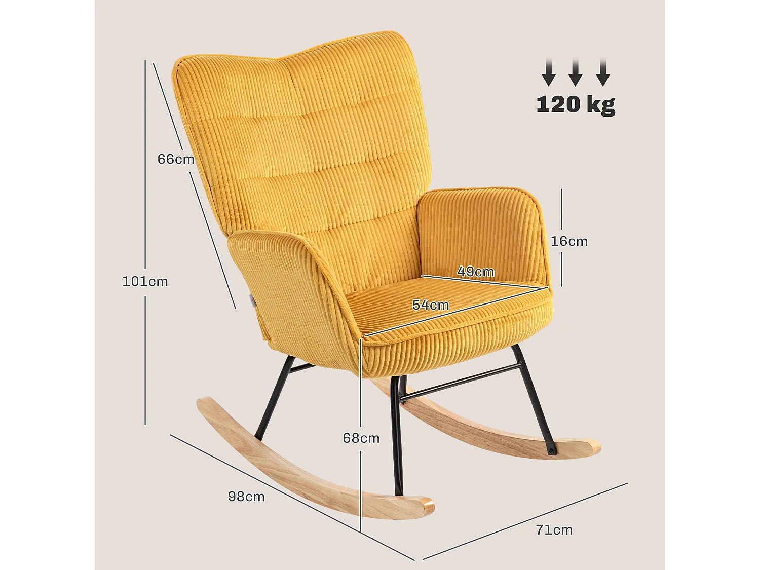 Fauteuil à bascule aspect polaire berbère,accoudoirs,patins en bois,fauteuil relax,jaune