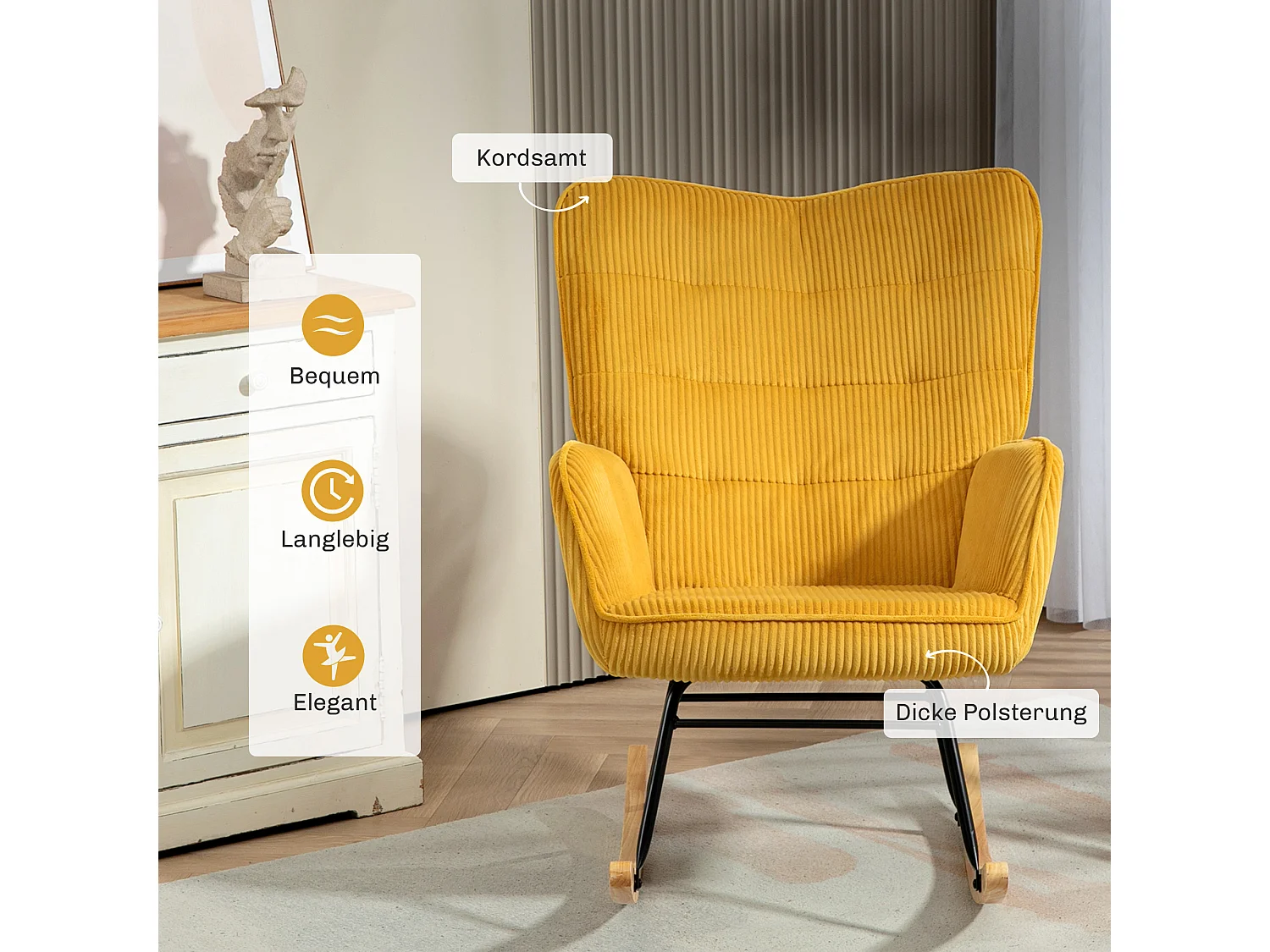 Fauteuil à bascule aspect polaire berbère,accoudoirs,patins en bois,fauteuil relax,jaune