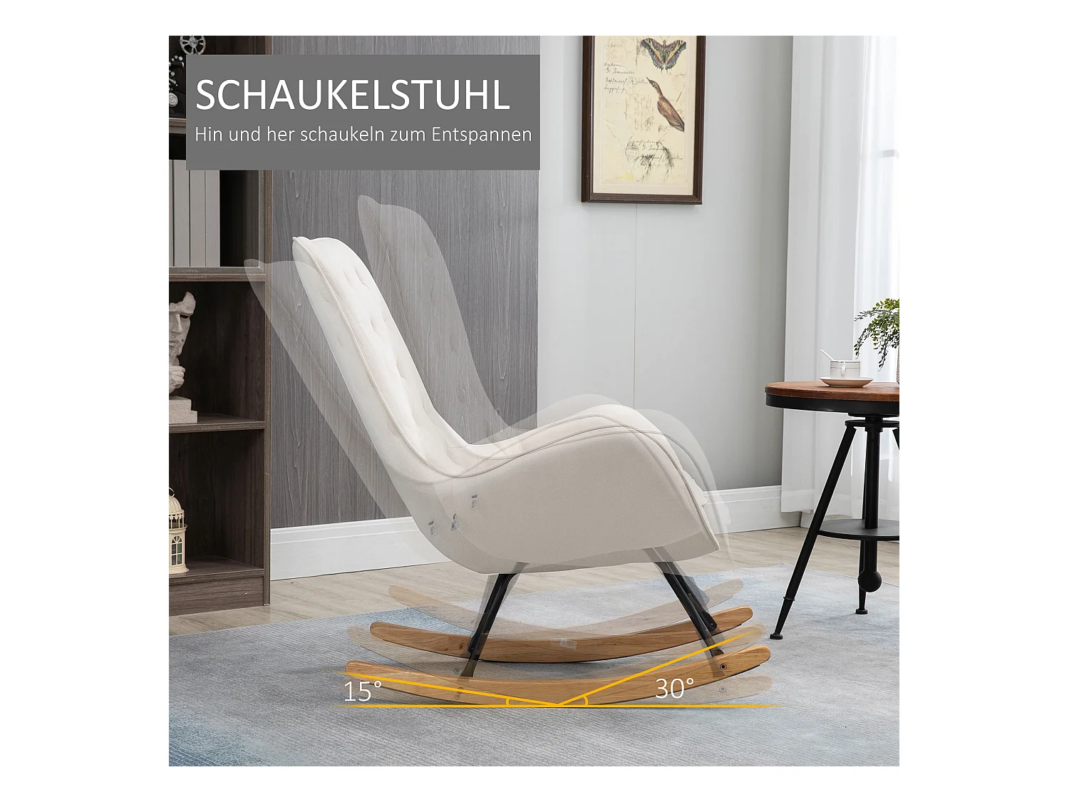 Schommelstoel, relaxfauteuil, schommelstoel met houten poten en metalen frame