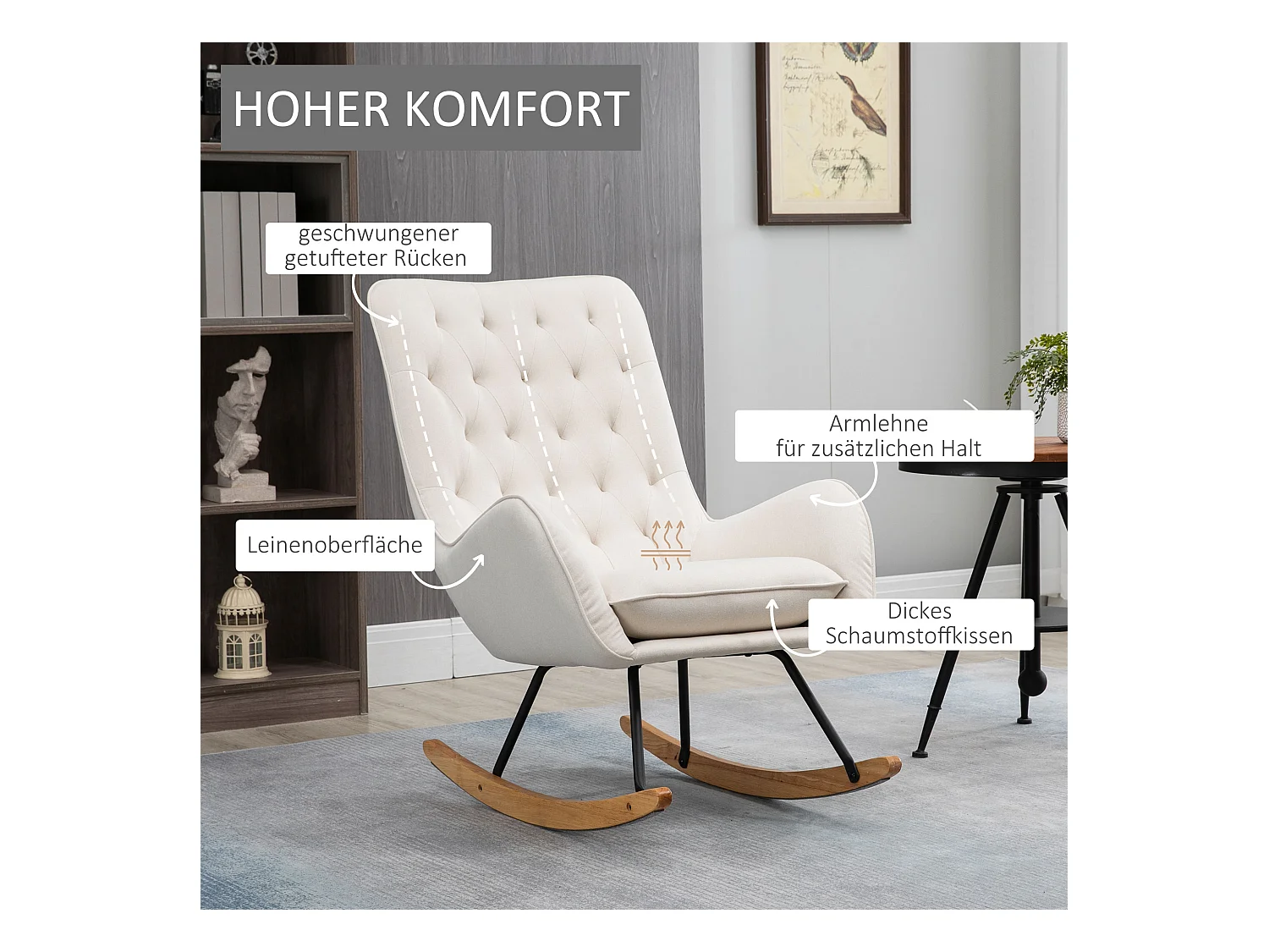 Schommelstoel, relaxfauteuil, schommelstoel met houten poten en metalen frame