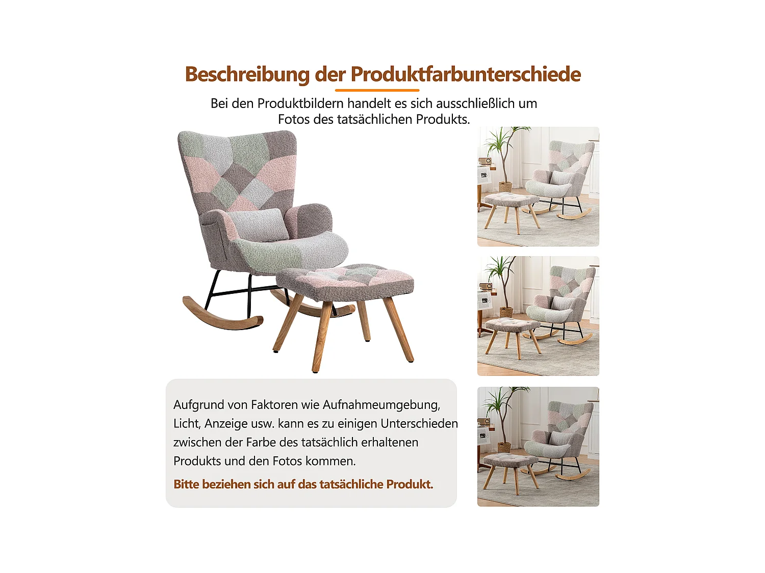 Bequemer und farbenfroher Schaukelstuhl, stabiler Rahmen aus Gummibaumholz, Wohnzimmerstuhl