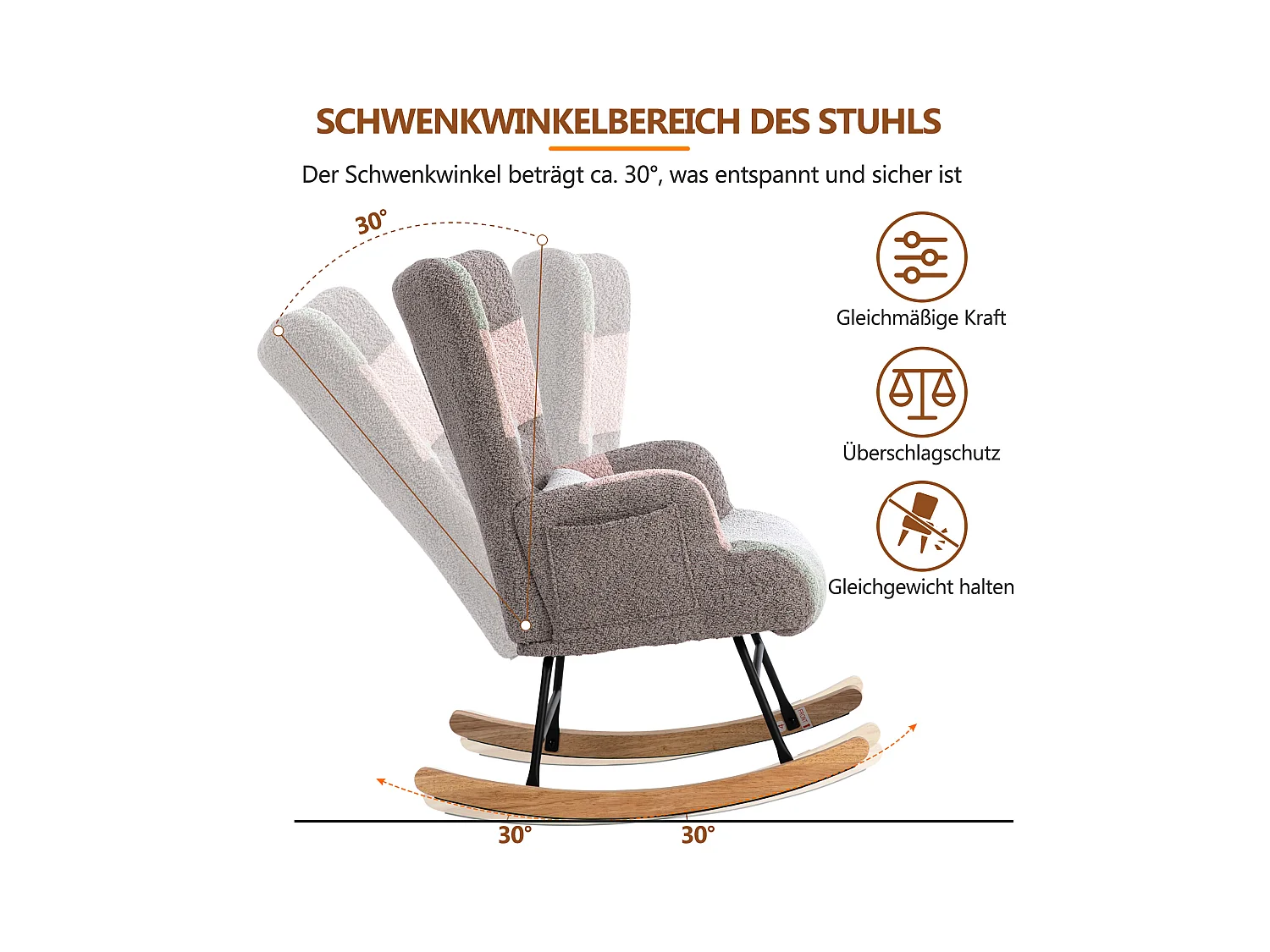 Bequemer und farbenfroher Schaukelstuhl, stabiler Rahmen aus Gummibaumholz, Wohnzimmerstuhl