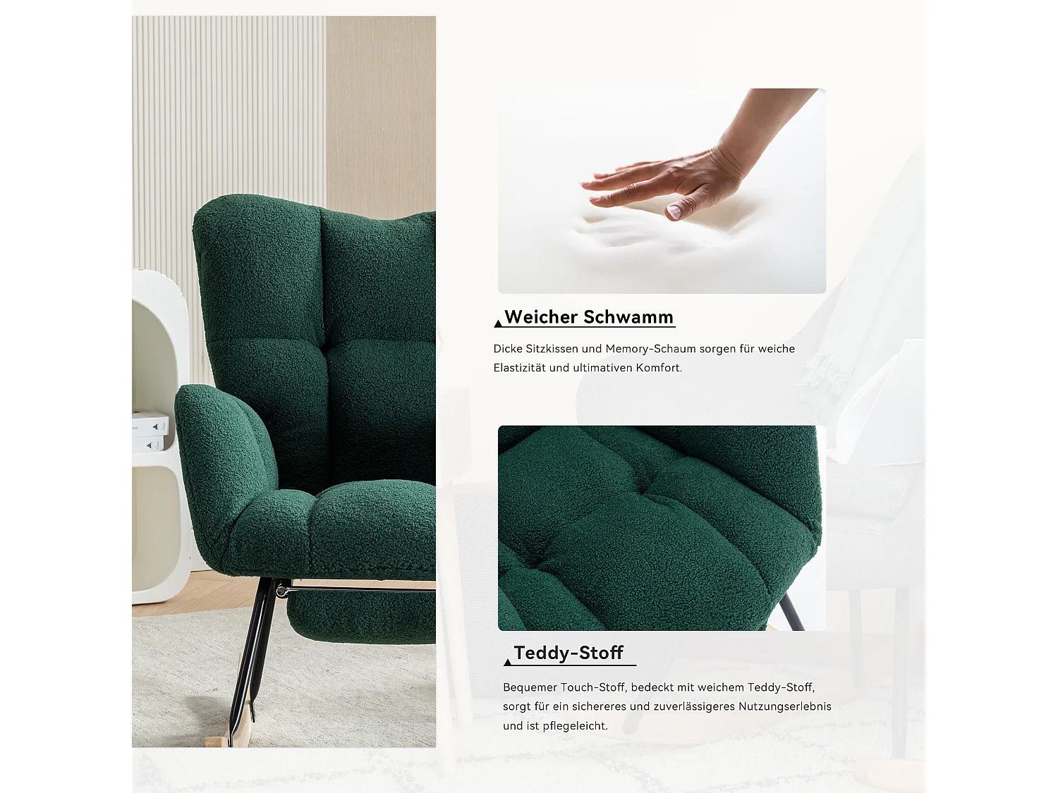 Mecedora moderna con tapizado de tela de peluche y reposapiés extensible