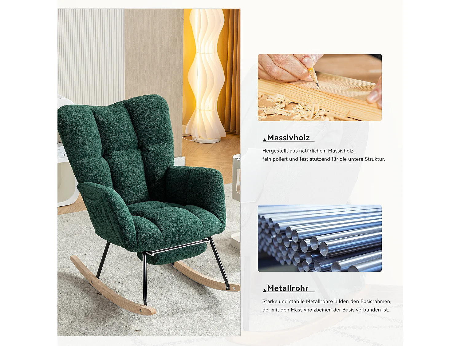 Mecedora moderna con tapizado de tela de peluche y reposapiés extensible