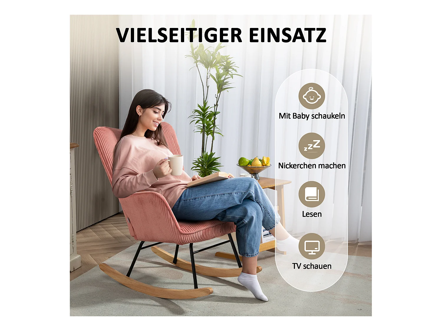 Fauteuil à bascule aspect velours côtelé,accoudoirs,fauteuil avec patins en bois