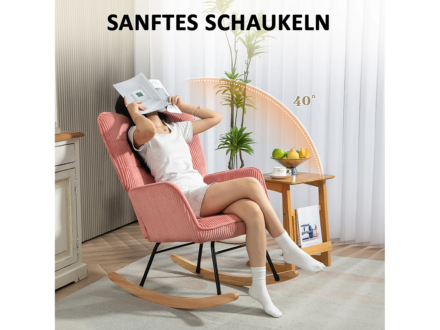 Schaukelstuhl in Cord-Optik, Armlehnen, Sessel mit Holzgleitern