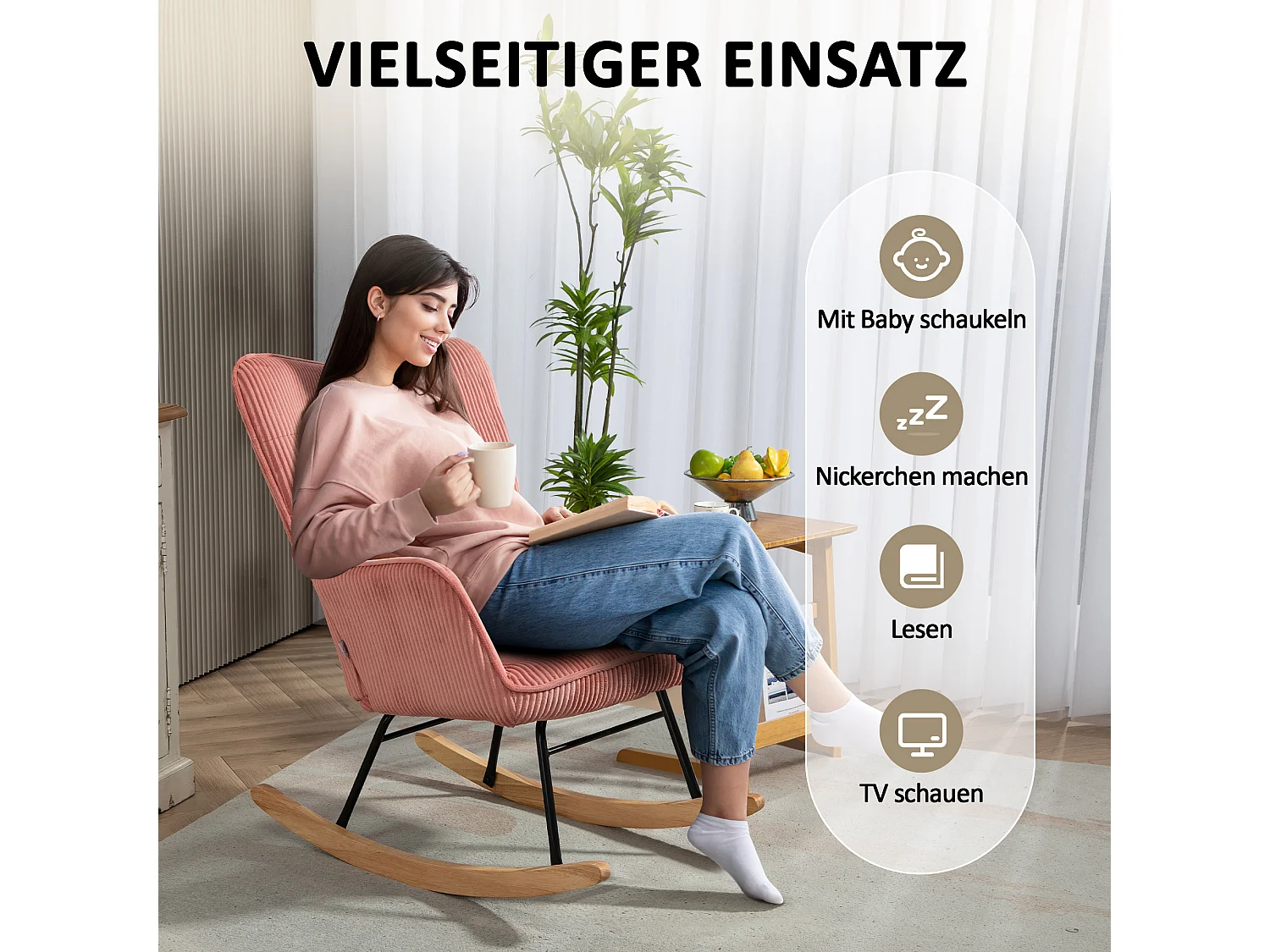 Schaukelstuhl in Cord-Optik, Armlehnen, Sessel mit Holzgleitern
