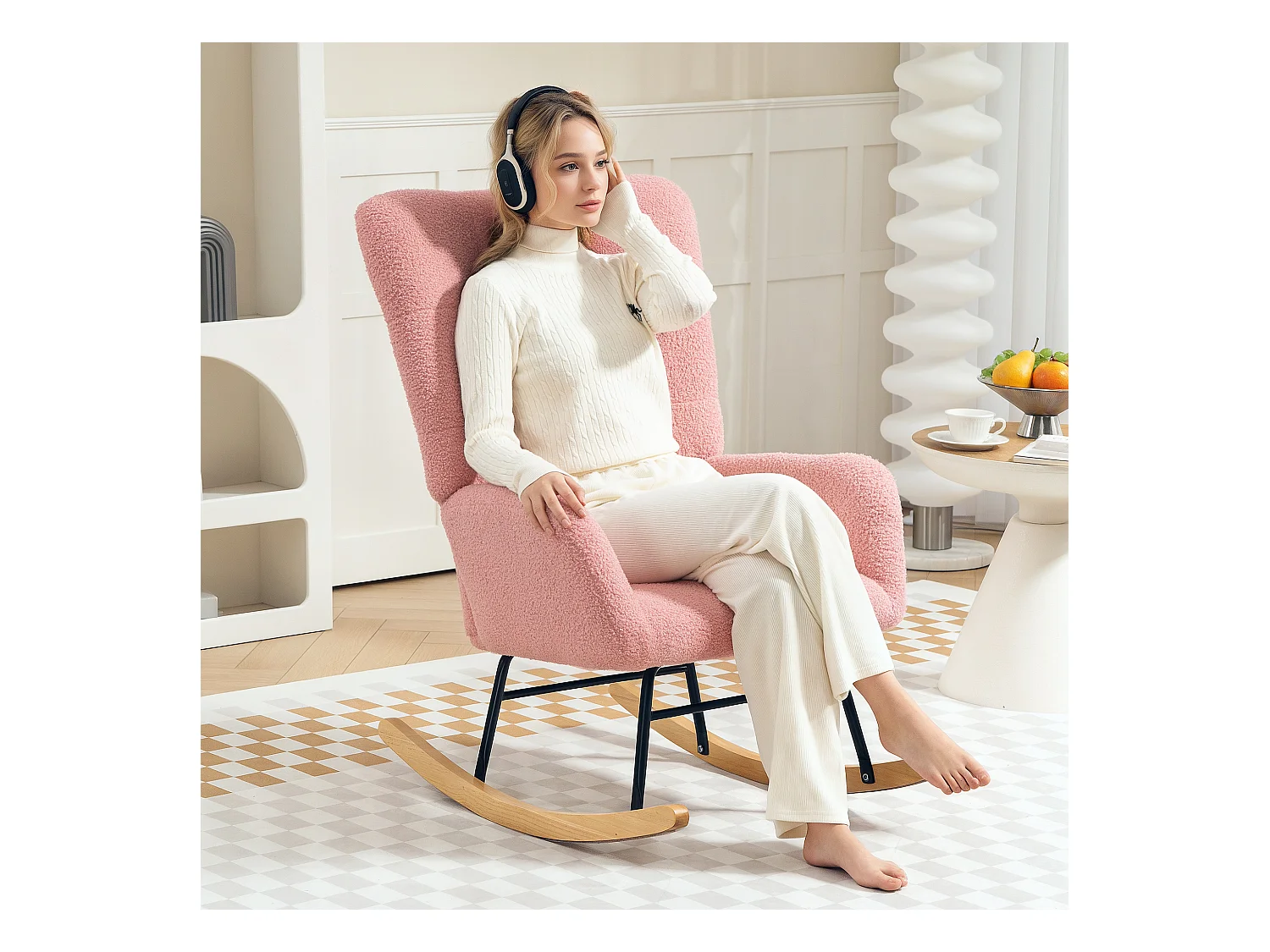 Fauteuil à bascule avec accoudoirs,aspect velours,fauteuil relax avec patins en bois