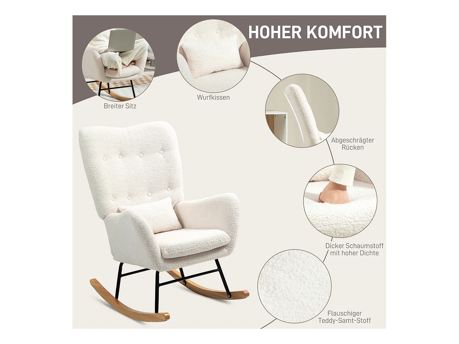 Schommelstoel met armleuningen, Teddy in fluwelen look, voedingsstoel met glijders