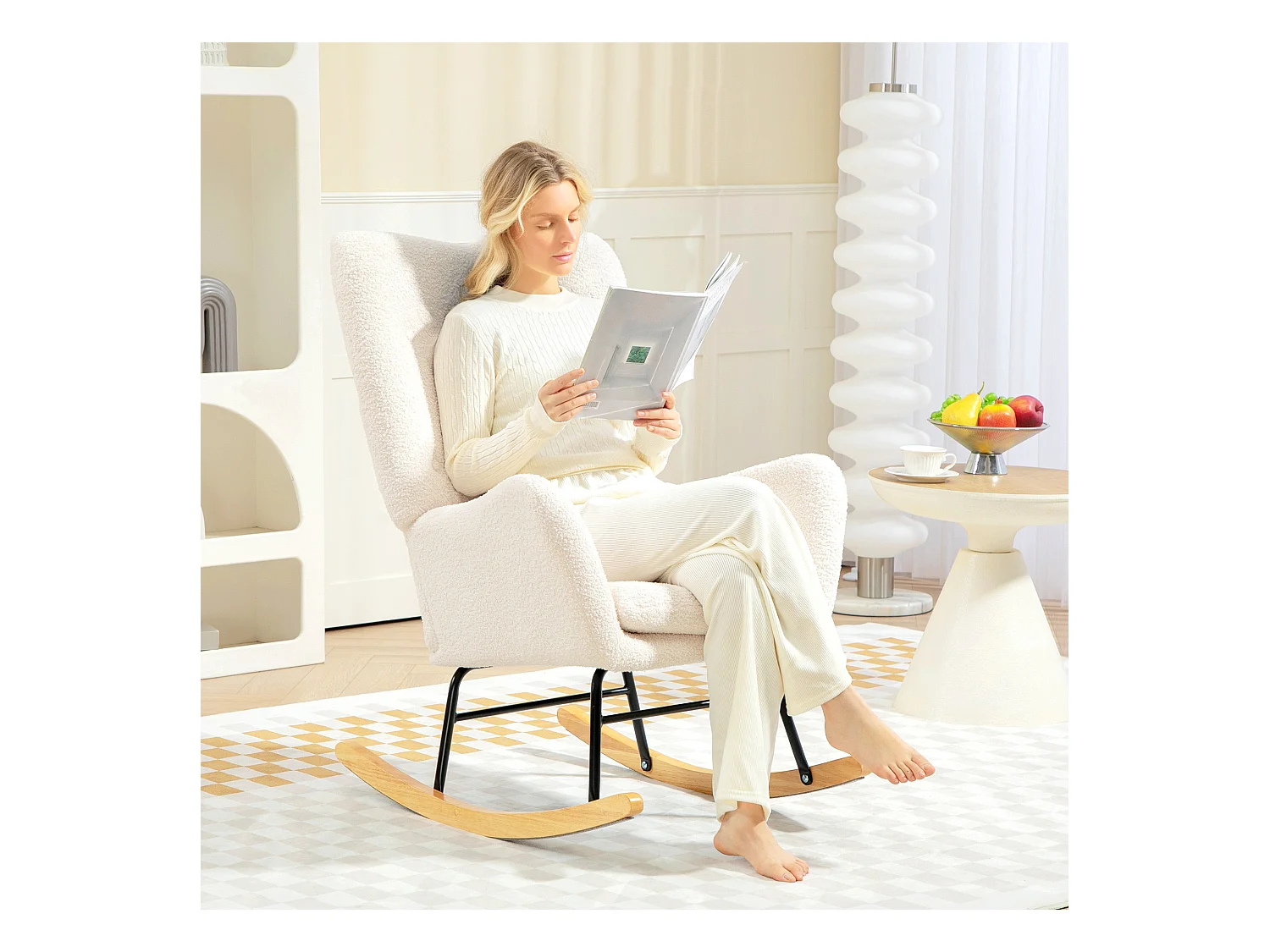 Schommelstoel met armleuningen, Teddy in fluwelen look, voedingsstoel met glijders