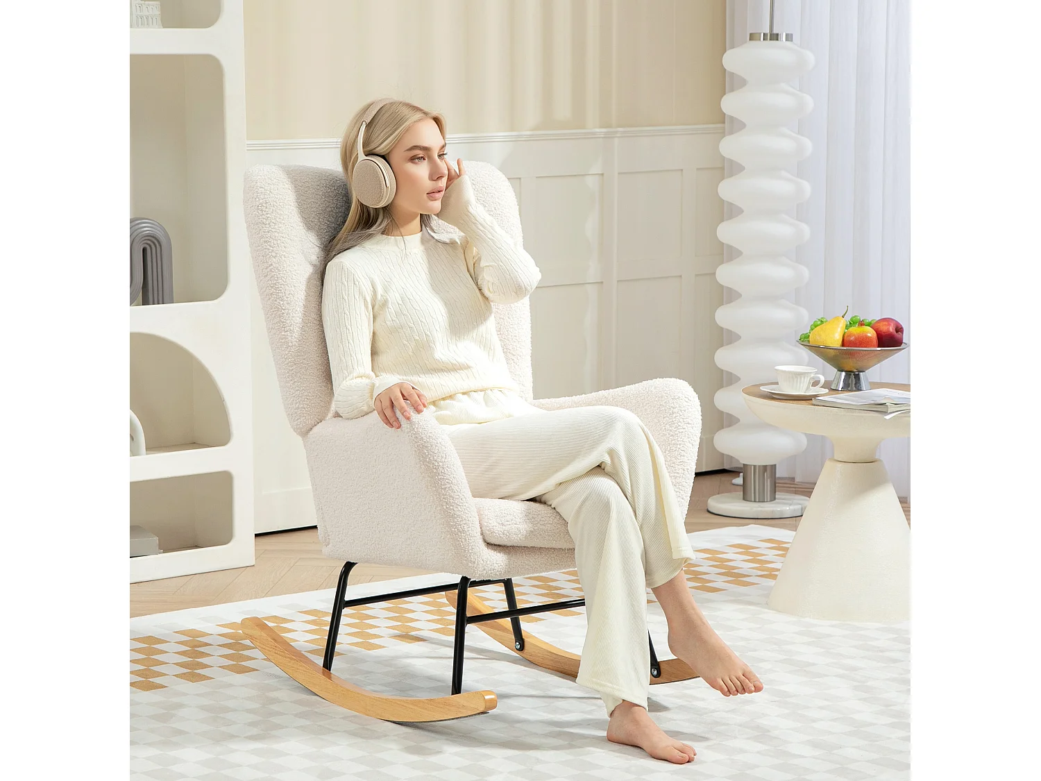 Cadeira de baloiço com braços, Teddy com efeito de veludo, cadeira de amamentação com deslizadores