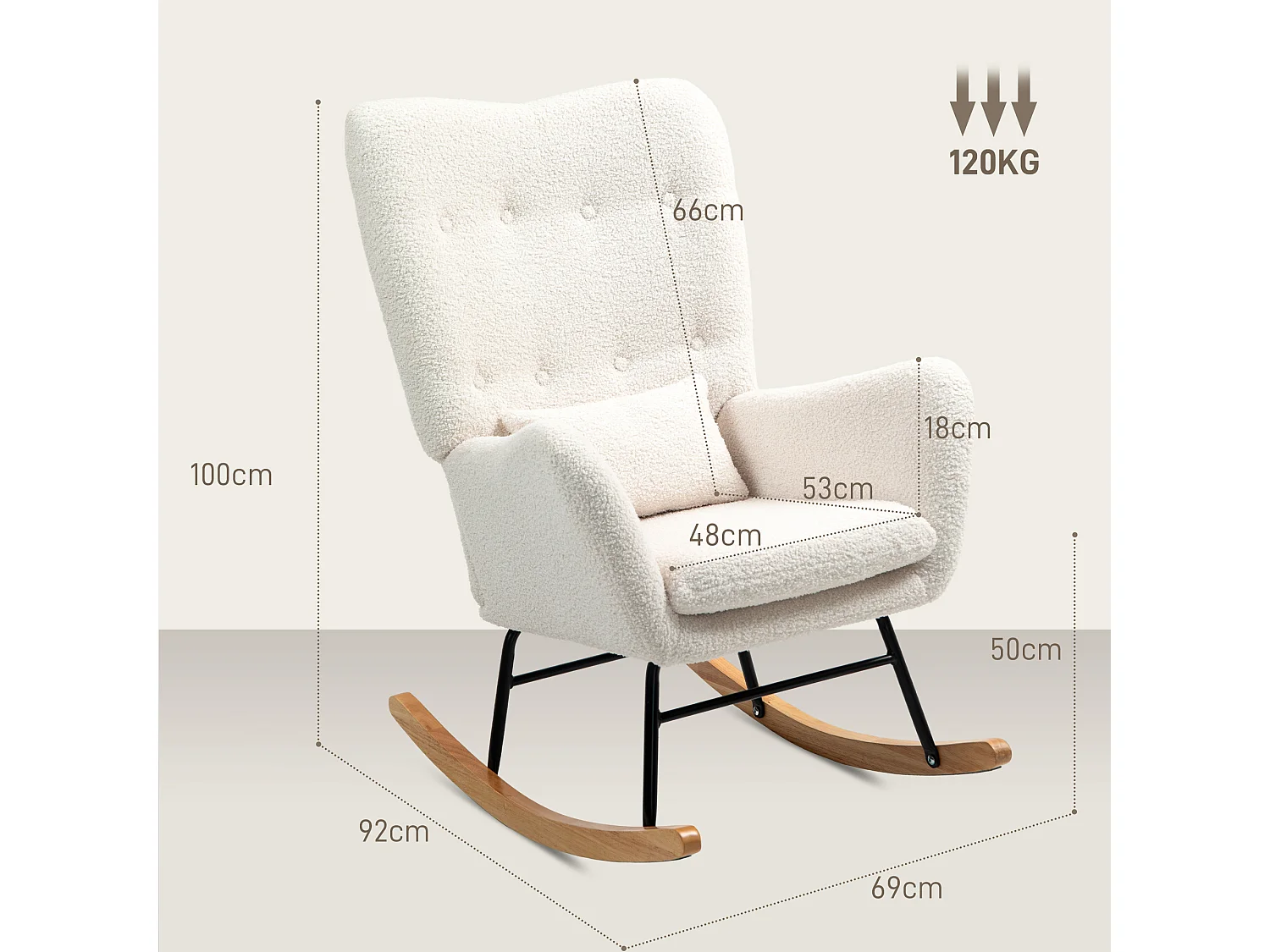 Cadeira de baloiço com braços, Teddy com efeito de veludo, cadeira de amamentação com deslizadores