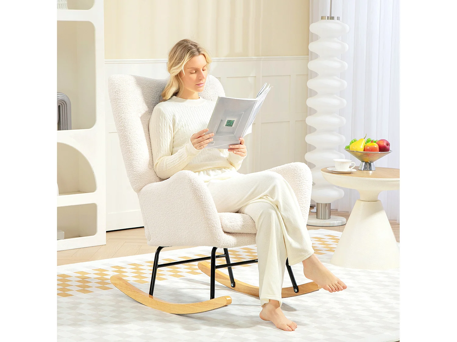 Cadeira de baloiço com braços, Teddy com efeito de veludo, cadeira de amamentação com deslizadores