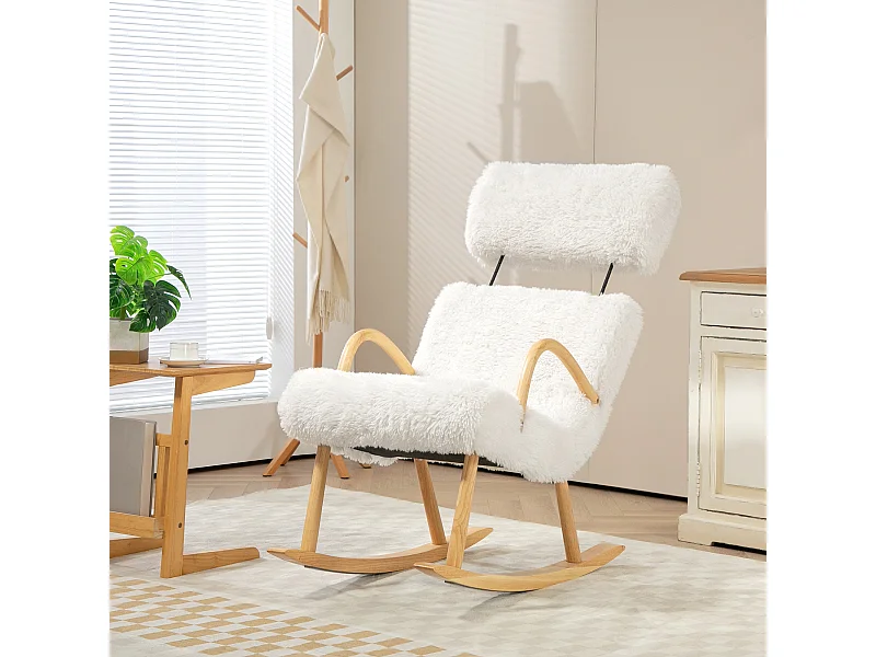 Mecedora con reposabrazos, sillón de lactancia con aspecto de lana, blanco