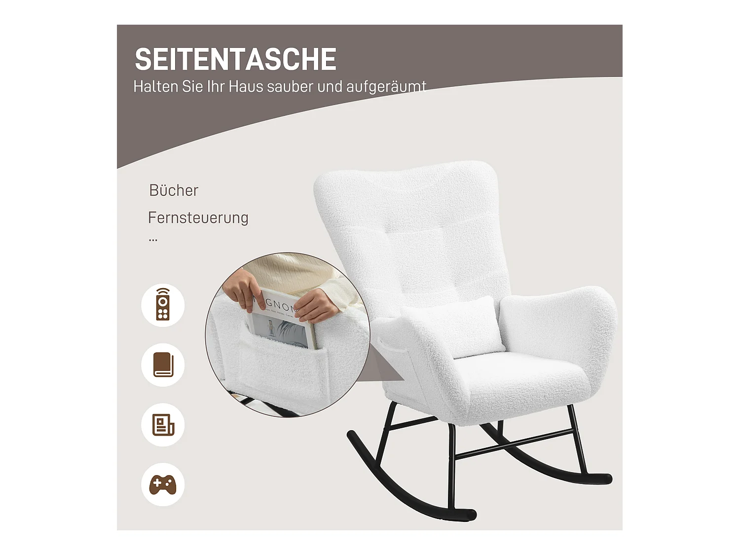 Fauteuil long,aspect peluche,accoudoirs,fauteuil d'allaitement avec piètement en bois