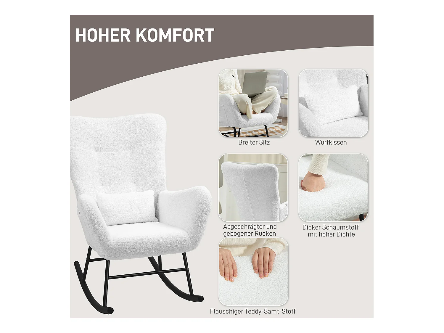 Loungesessel, Plüschoptik, Armlehnen, Stillsessel mit Holzgestell