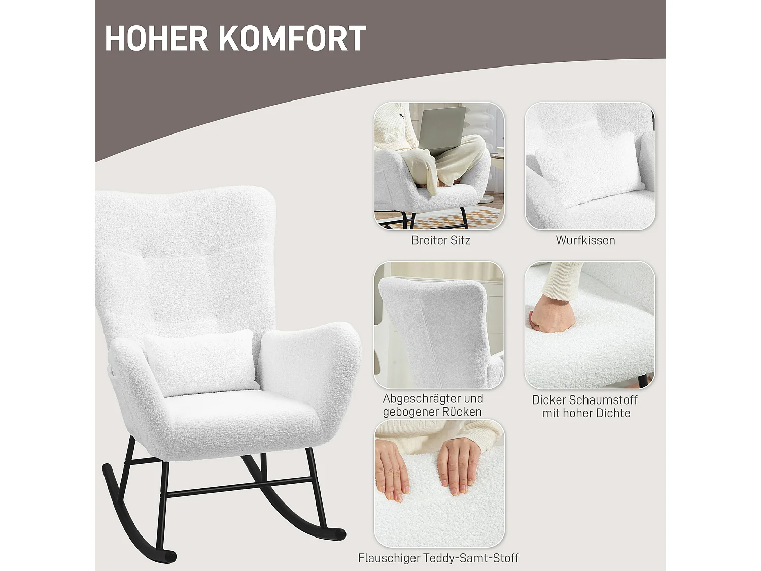 Fauteuil long,aspect peluche,accoudoirs,fauteuil d'allaitement avec piètement en bois