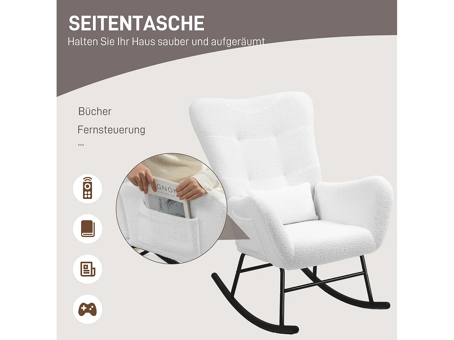 Fauteuil long,aspect peluche,accoudoirs,fauteuil d'allaitement avec piètement en bois