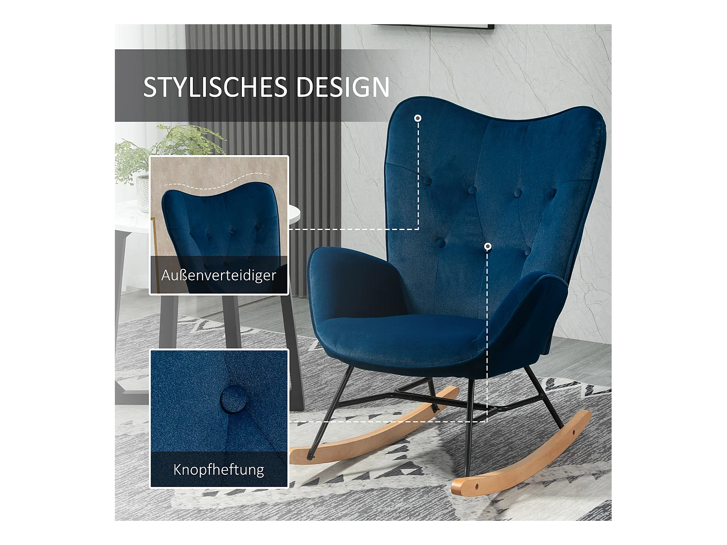 Sedia a dondolo con ali, seduta e schienale rivestiti in velluto ad alta densità