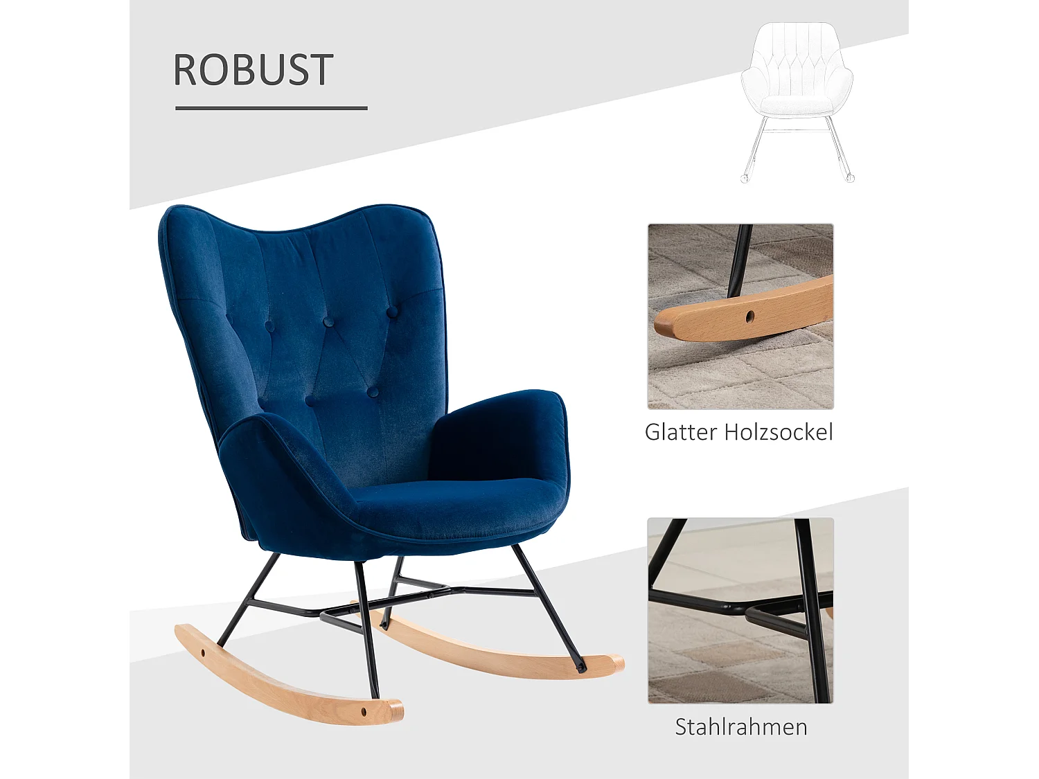 Schommelstoel met vleugels, zitting en rugleuning bekleed met fluweel met hoge dichtheid