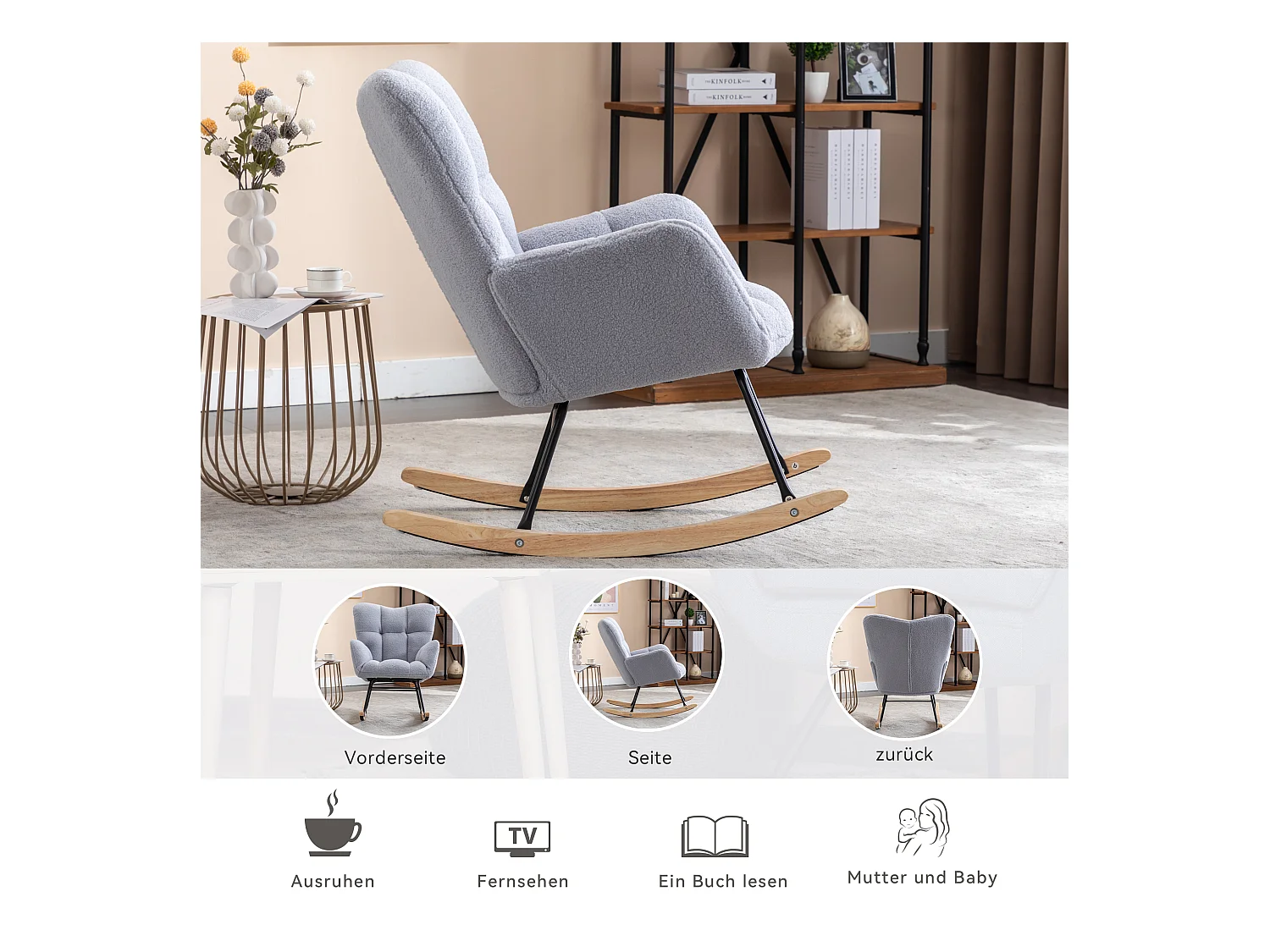 Fauteuil à bascule moderne du milieu du siècle,capitonné en tissu Teddy